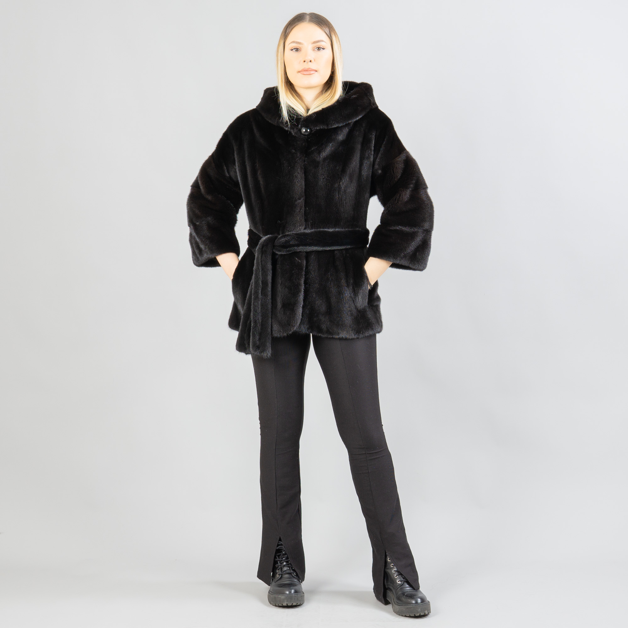 Black hooded mink fur jacket with a belt