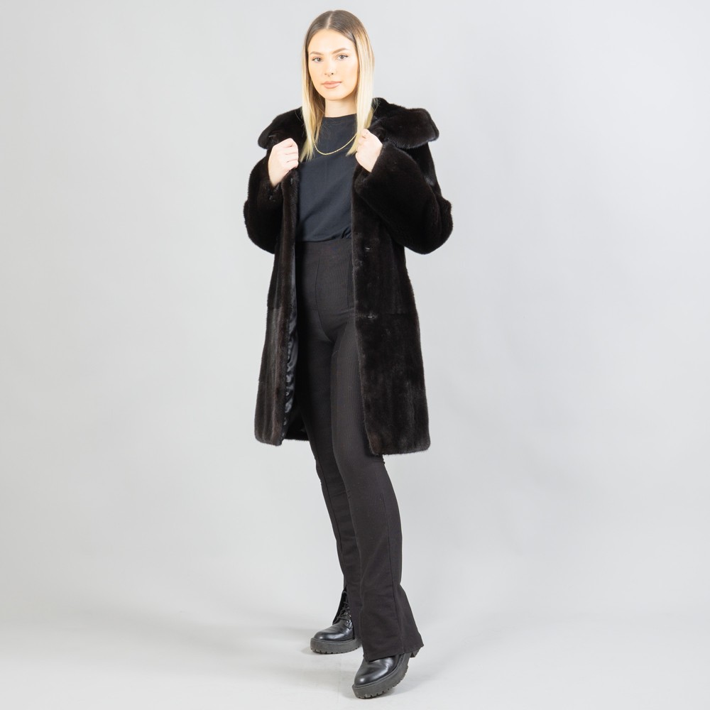 Black hooded mink fur coat with a belt. 