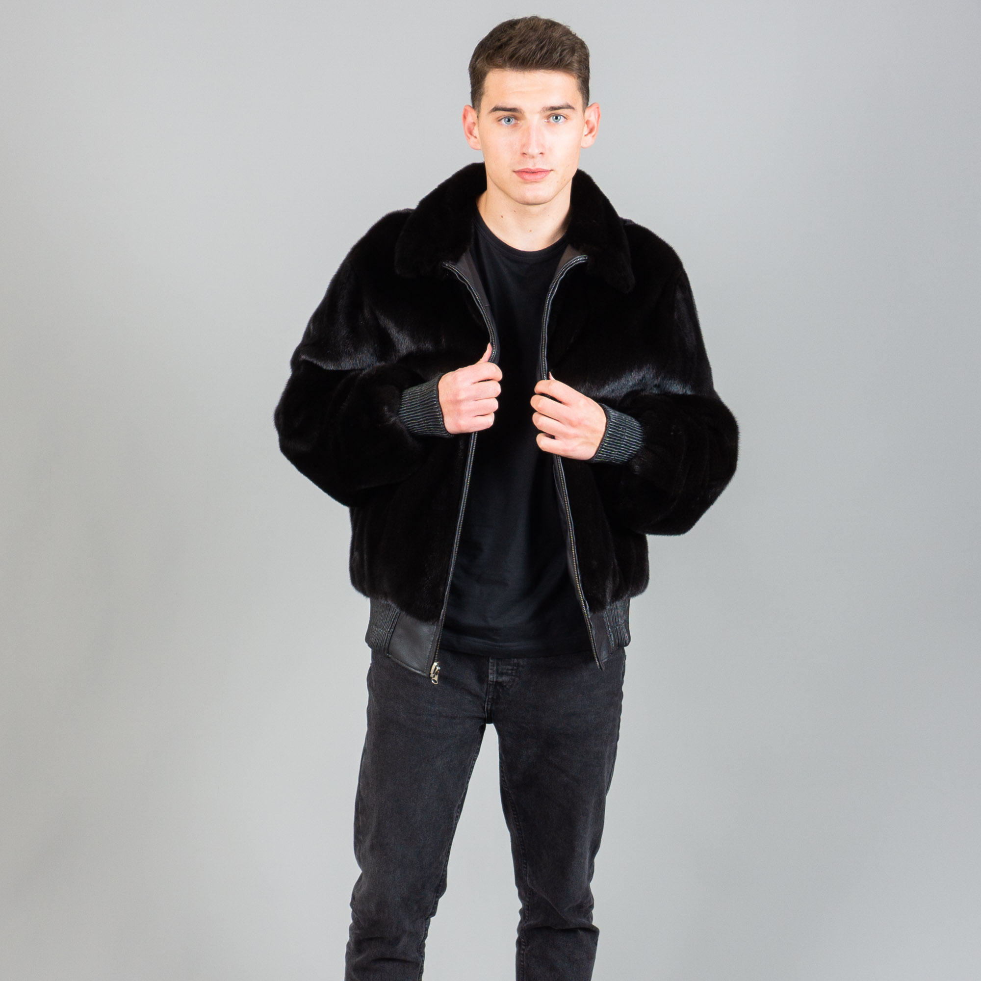 Mink fur and leather reversible jacket in black color. 