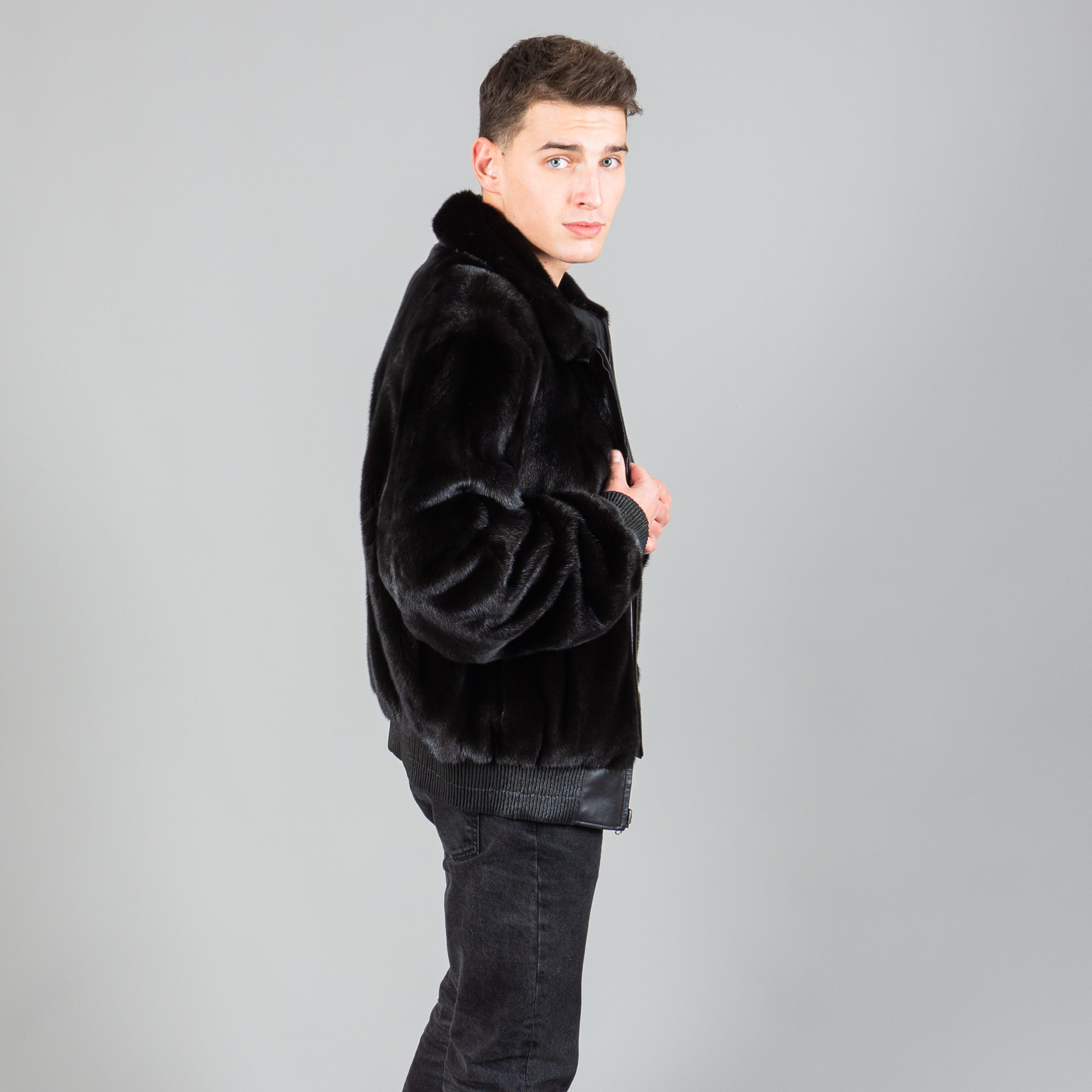 Mink fur and leather reversible jacket in black color. 