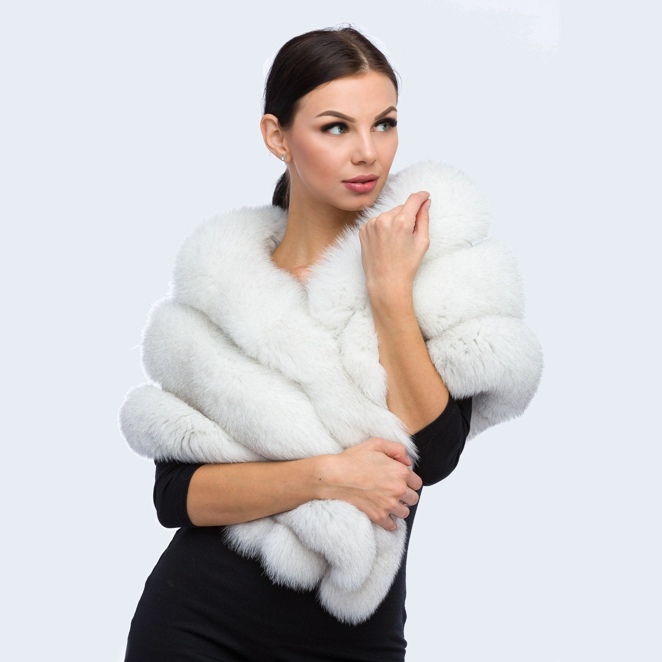 Fox fur shawl with sheared rabbit fur details. 