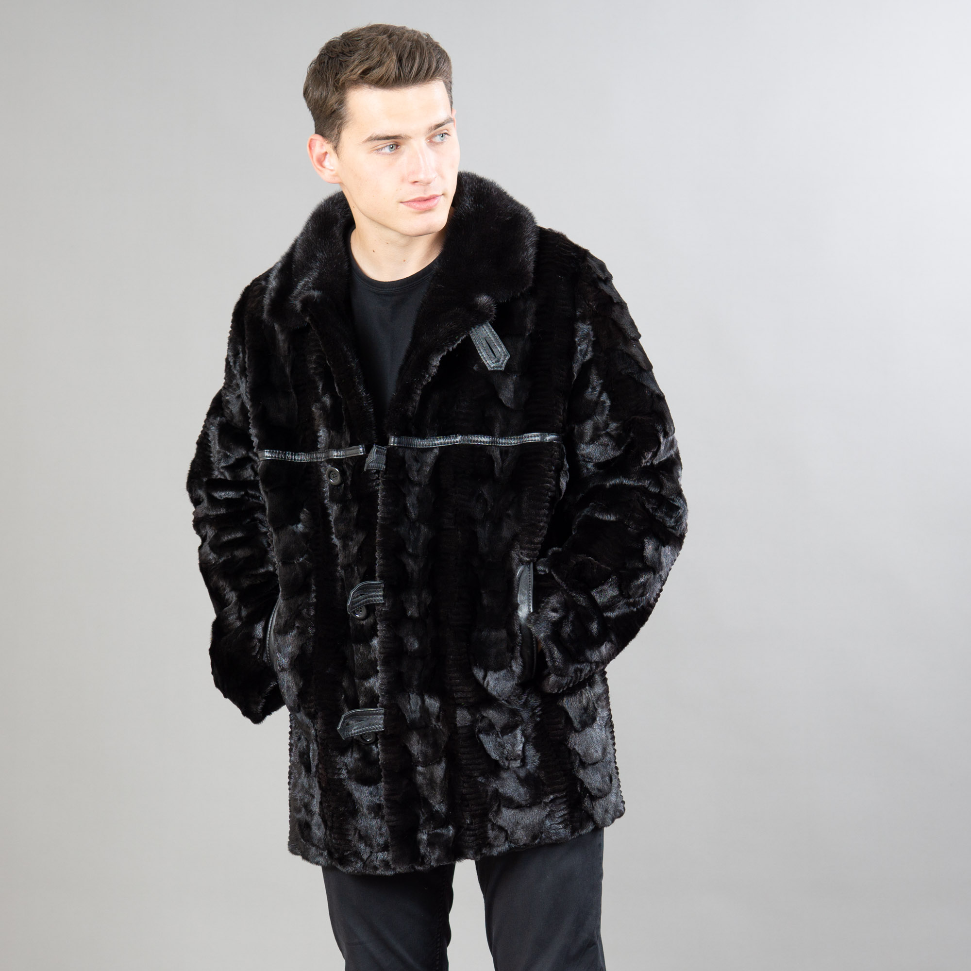 Mink fur jacket with leather details in black color