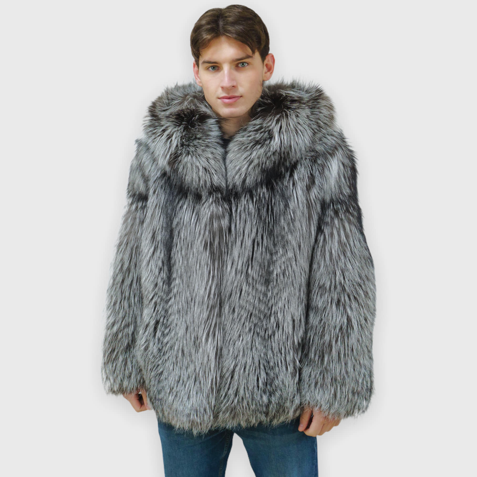 Fox fur jacket with a hood in silver color