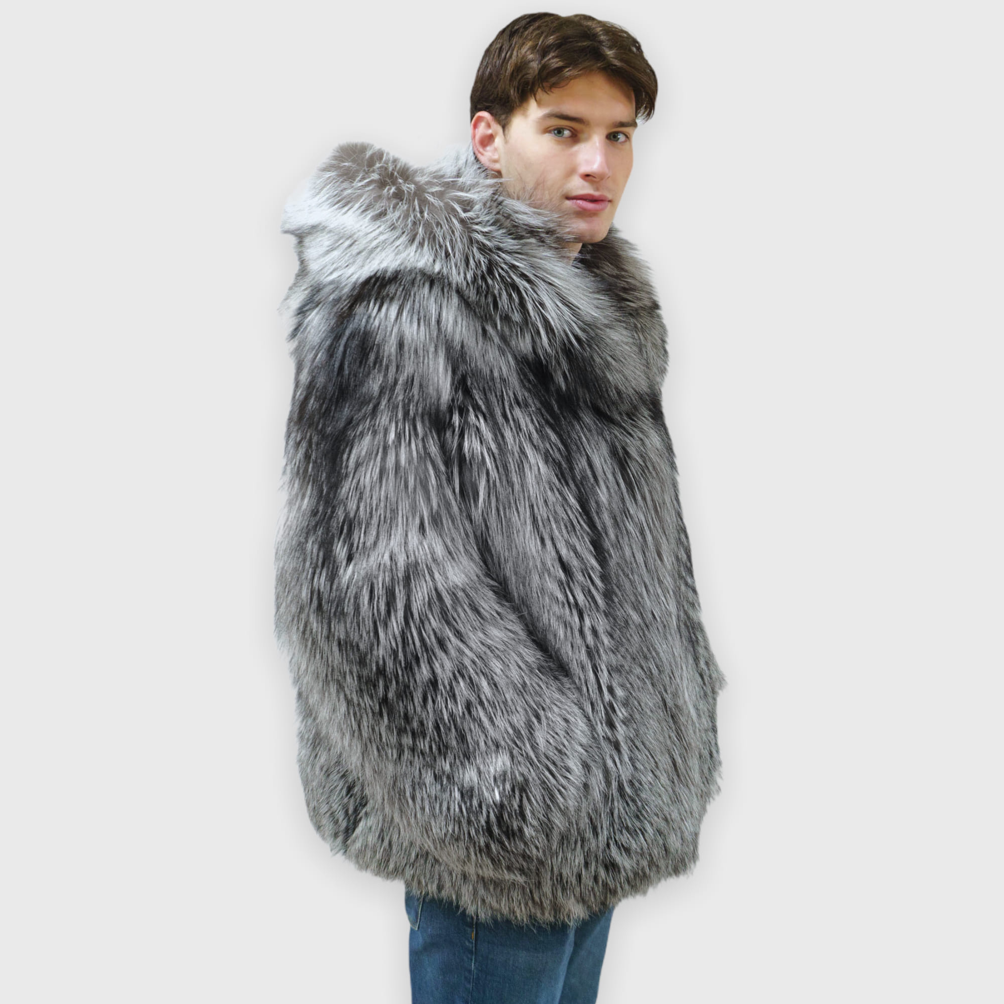 Fox fur jacket with a hood in silver color