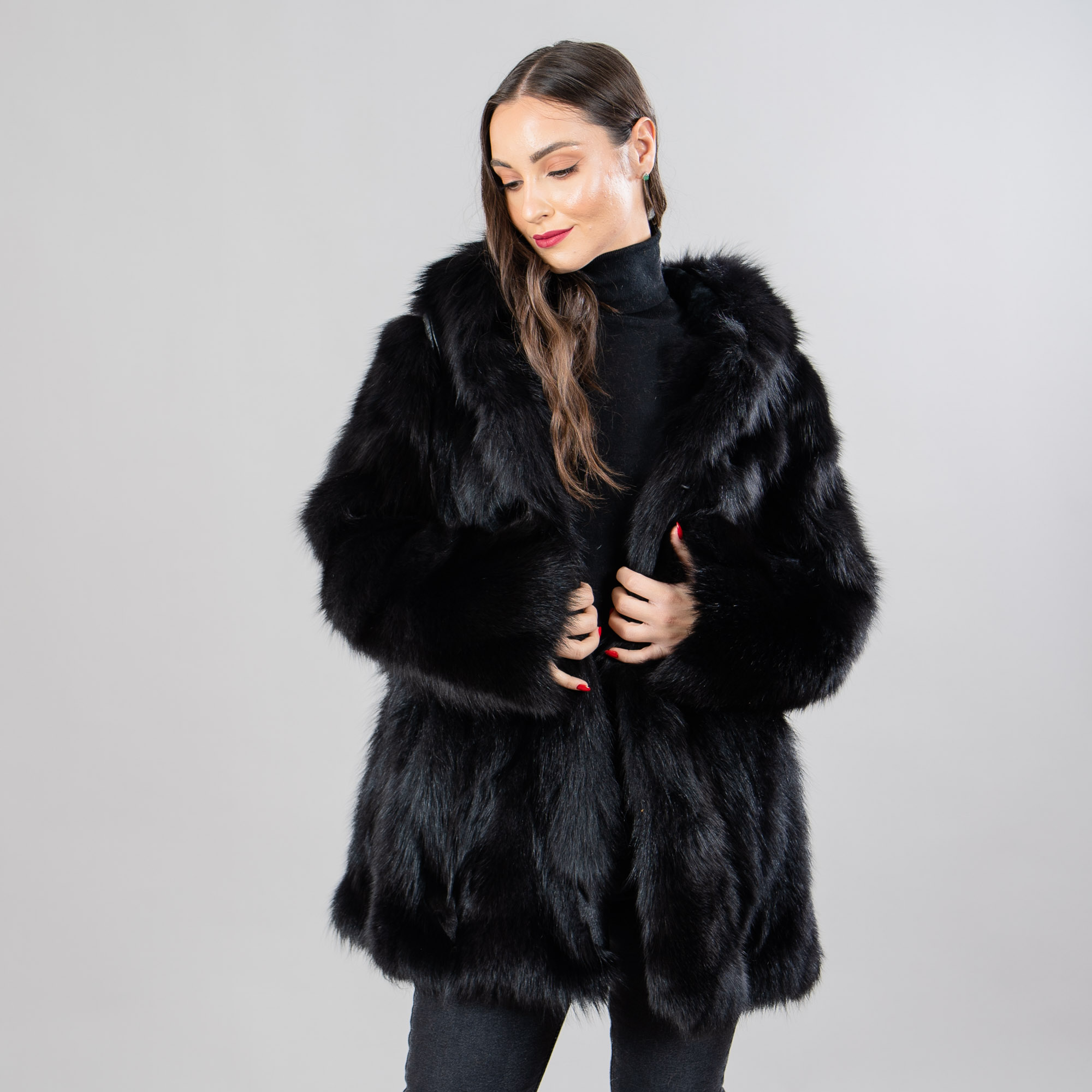 Black hooded fox fur jacket
