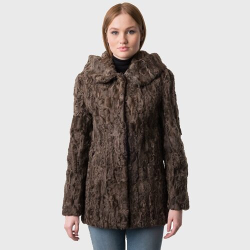 Brown Astrakhan fur jacket with a hood | Exceptional quality | eFurs
