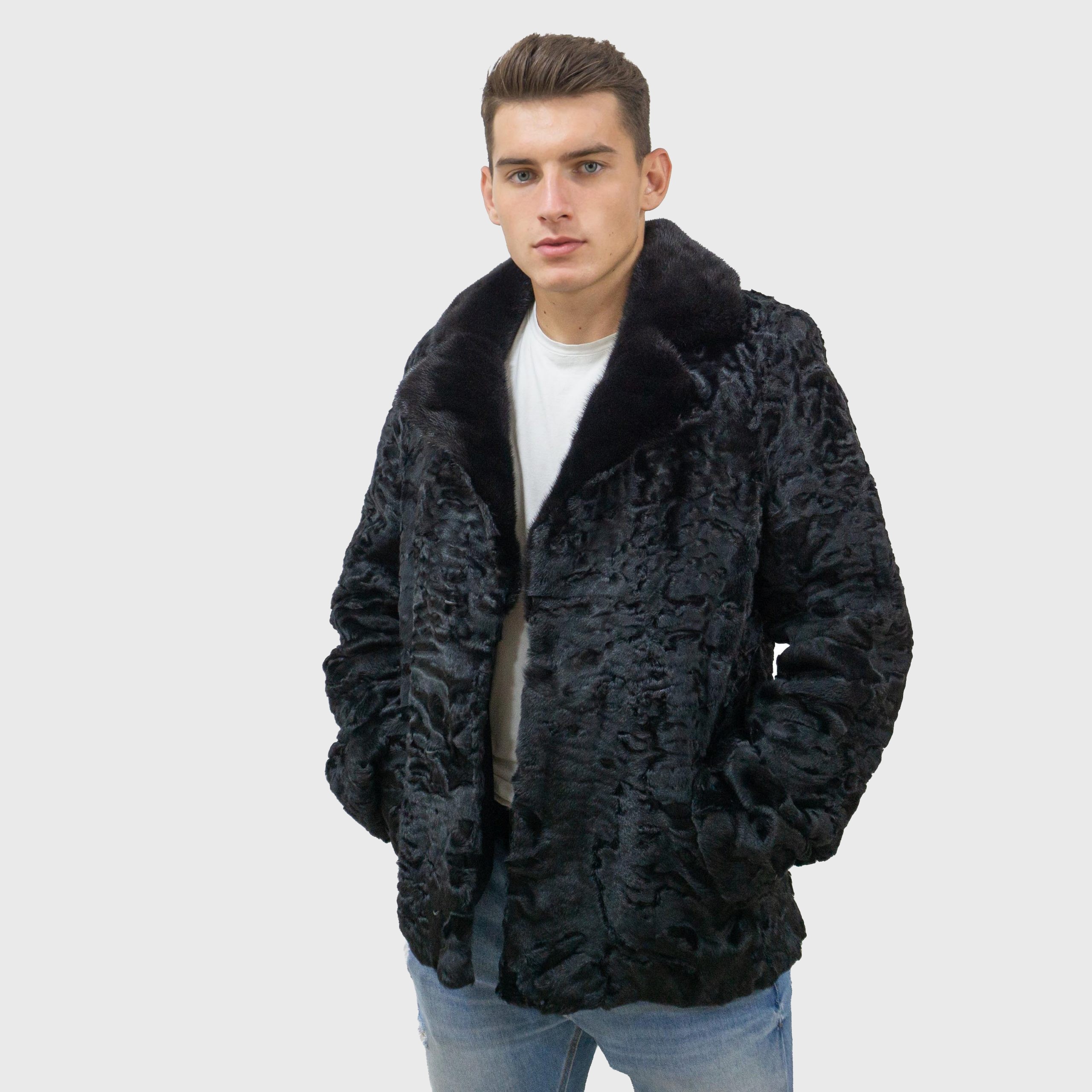 Black astrakhan fur jacket with mink fur collar