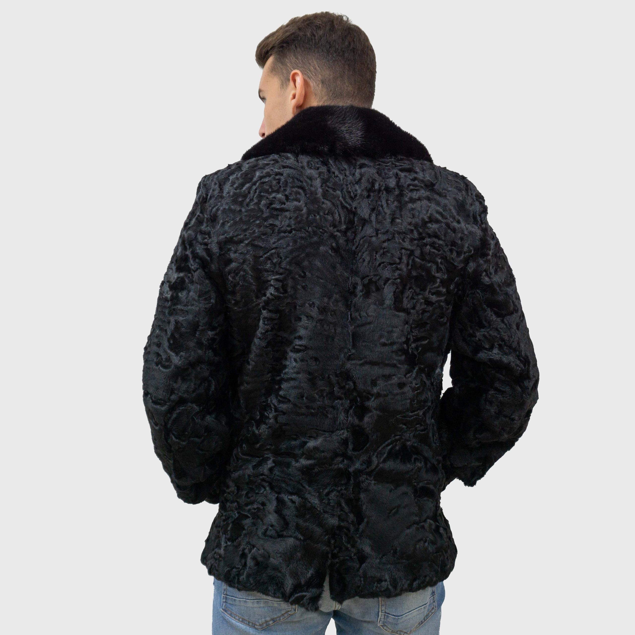 Black astrakhan fur jacket with mink fur collar