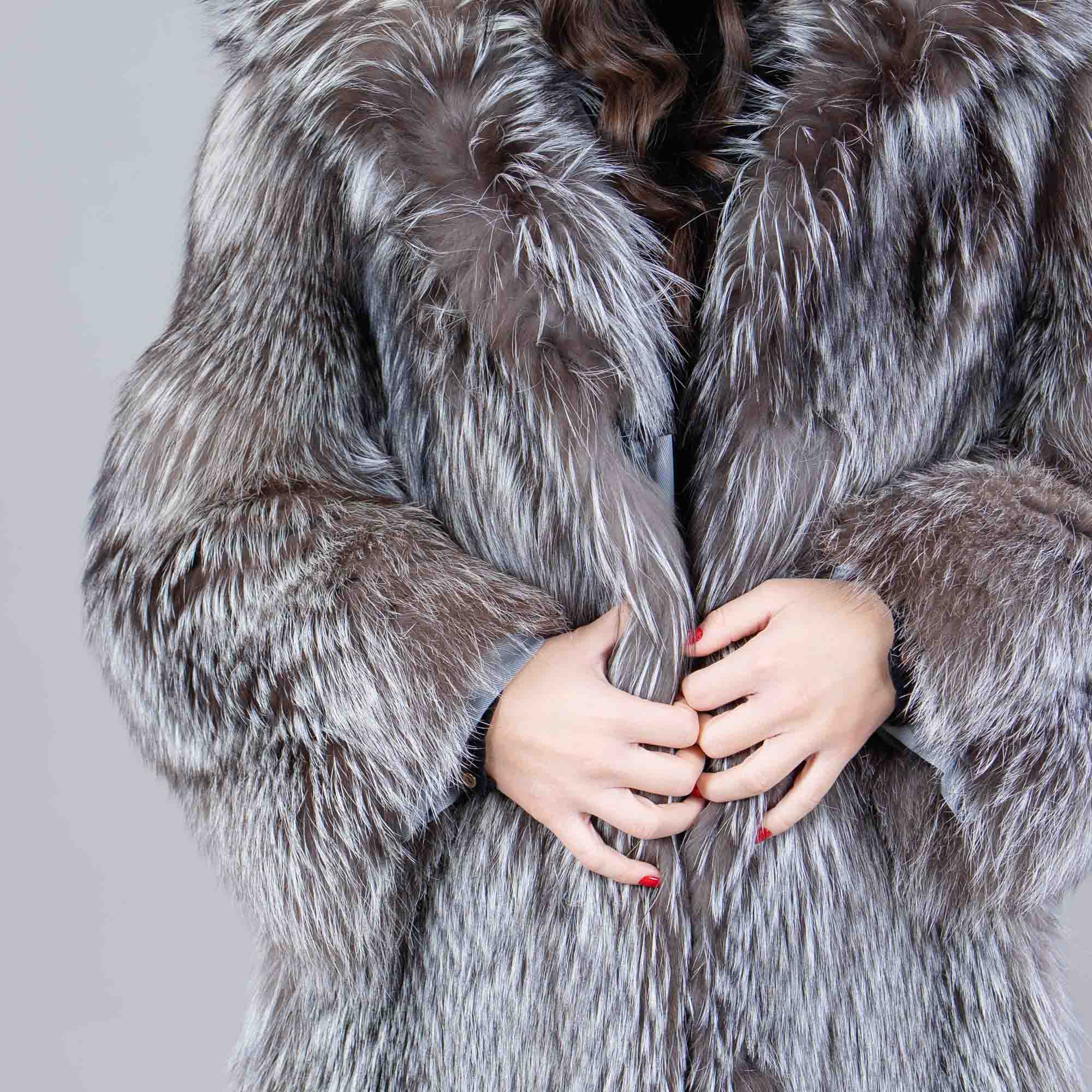 silver hooded fox fur coat