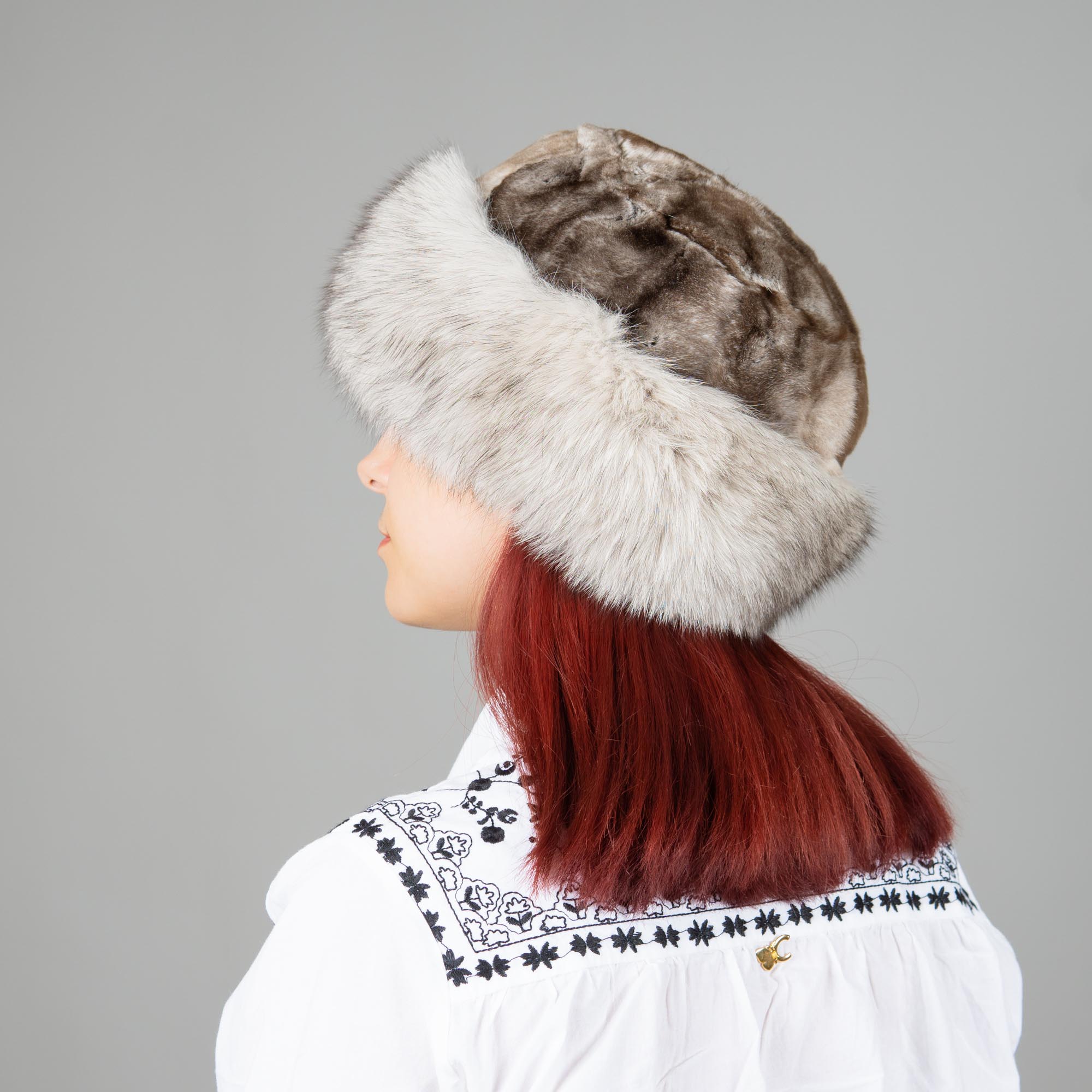 Beige rabbit and fox fur hat
