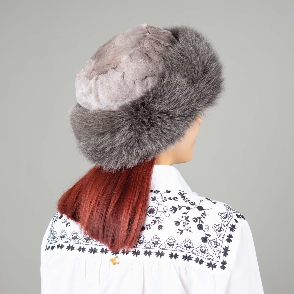 Fox and mink fur hat in gray color