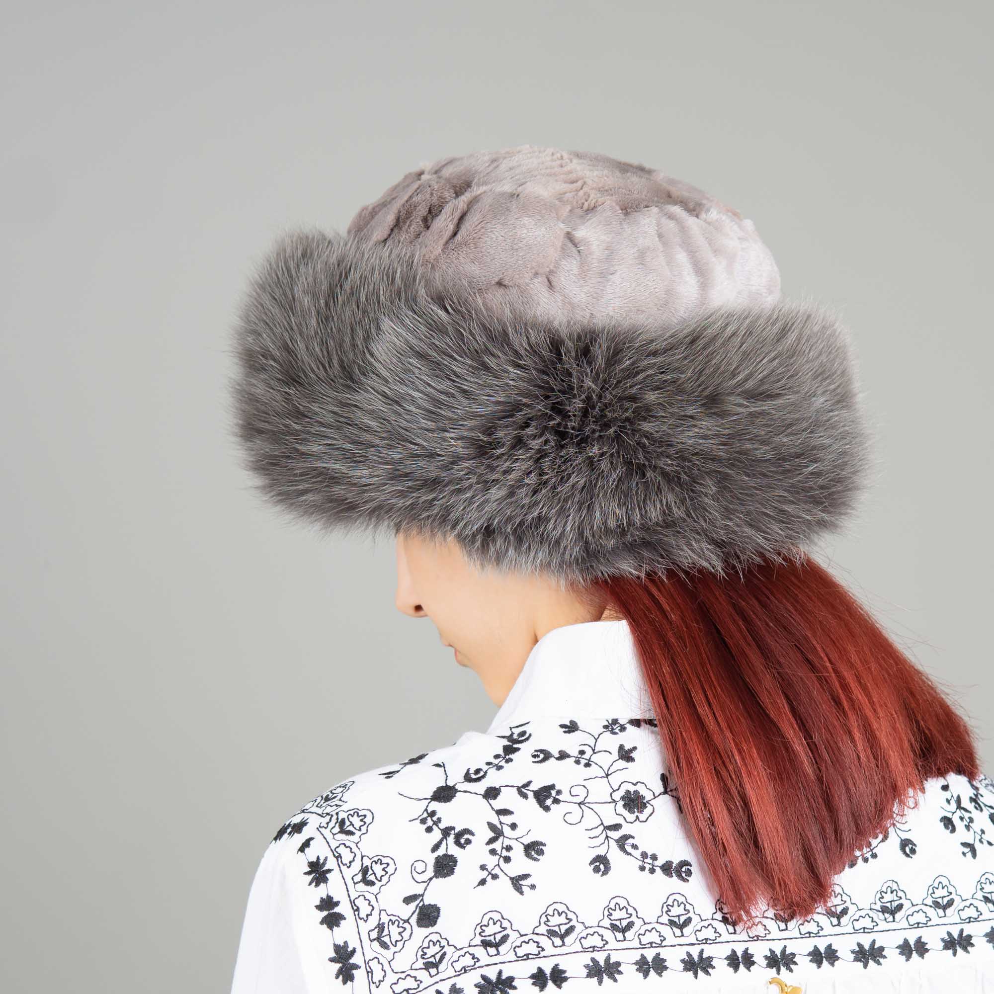 Fox and mink fur hat in gray color