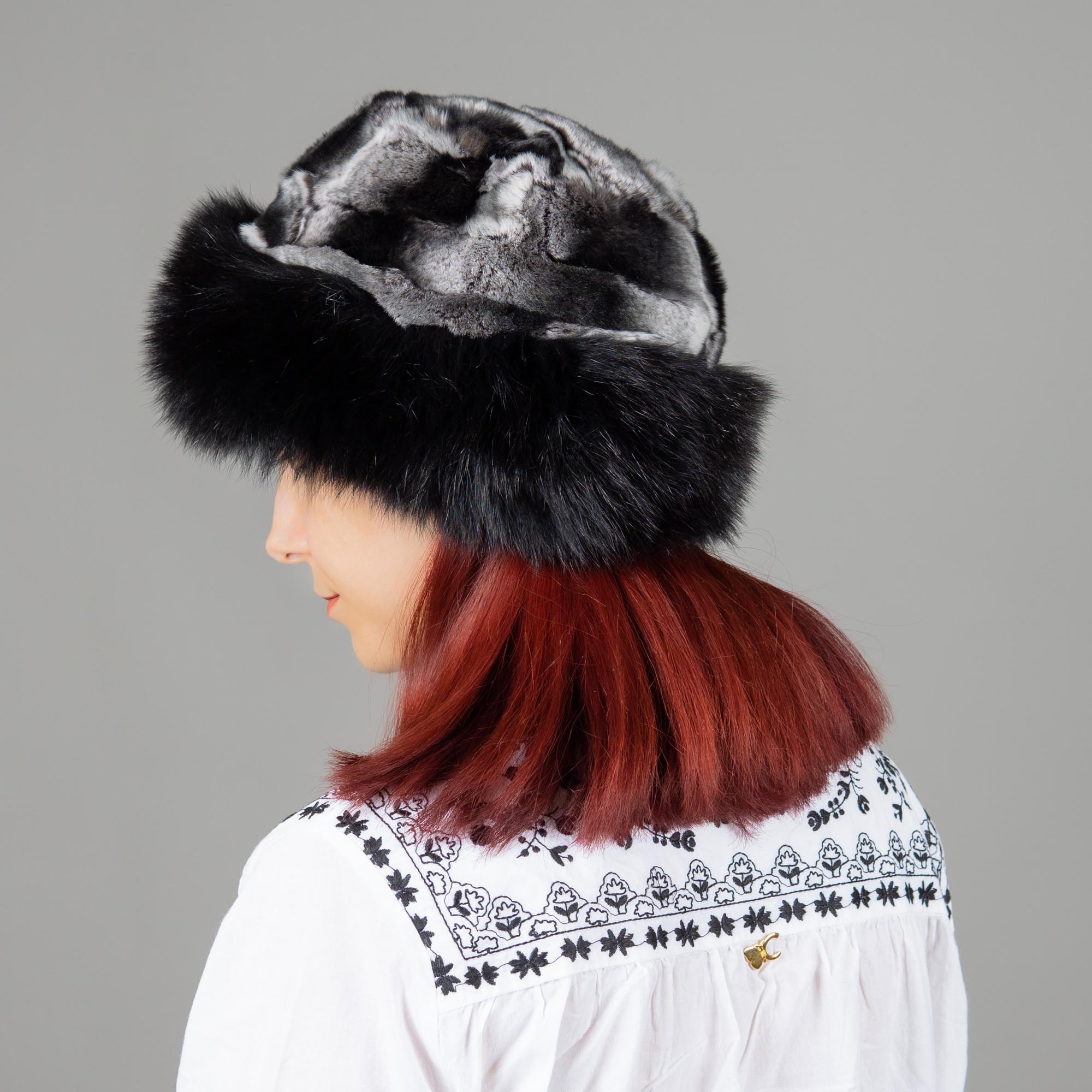 Black and white fox and rabbit fur hat