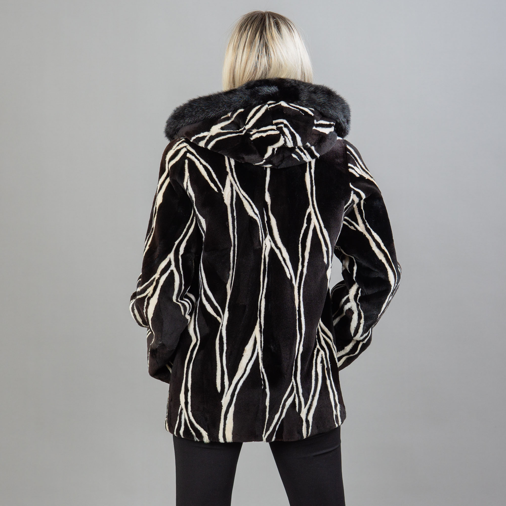 black and white hooded mink jacket