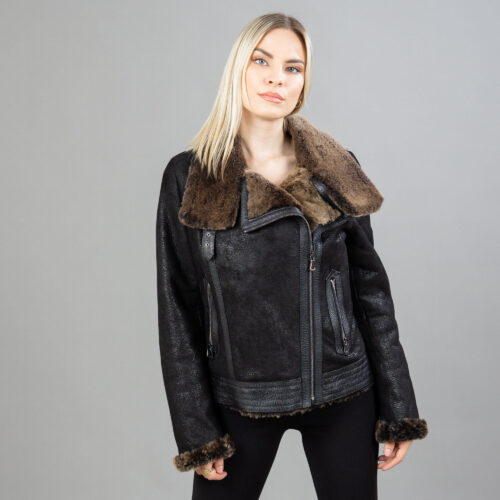 black sheepskin jacket with a collar