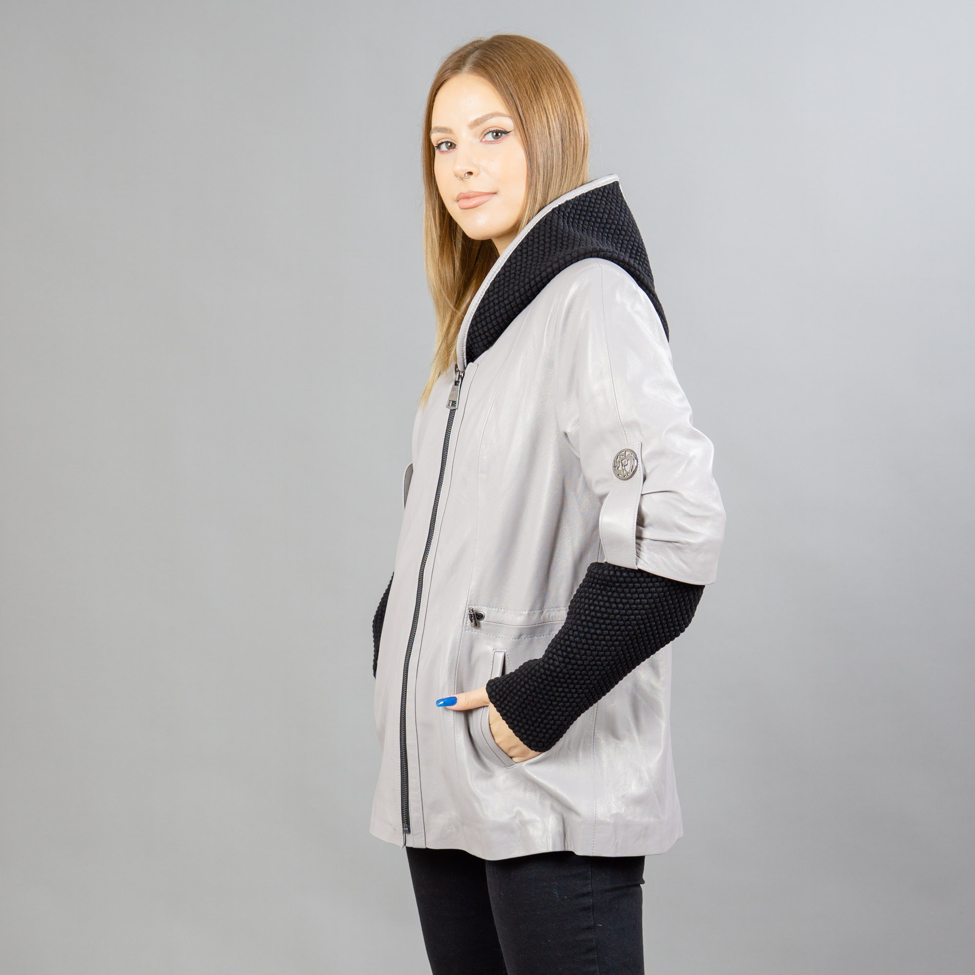 beige hooded leather jacket with detachable sleeves