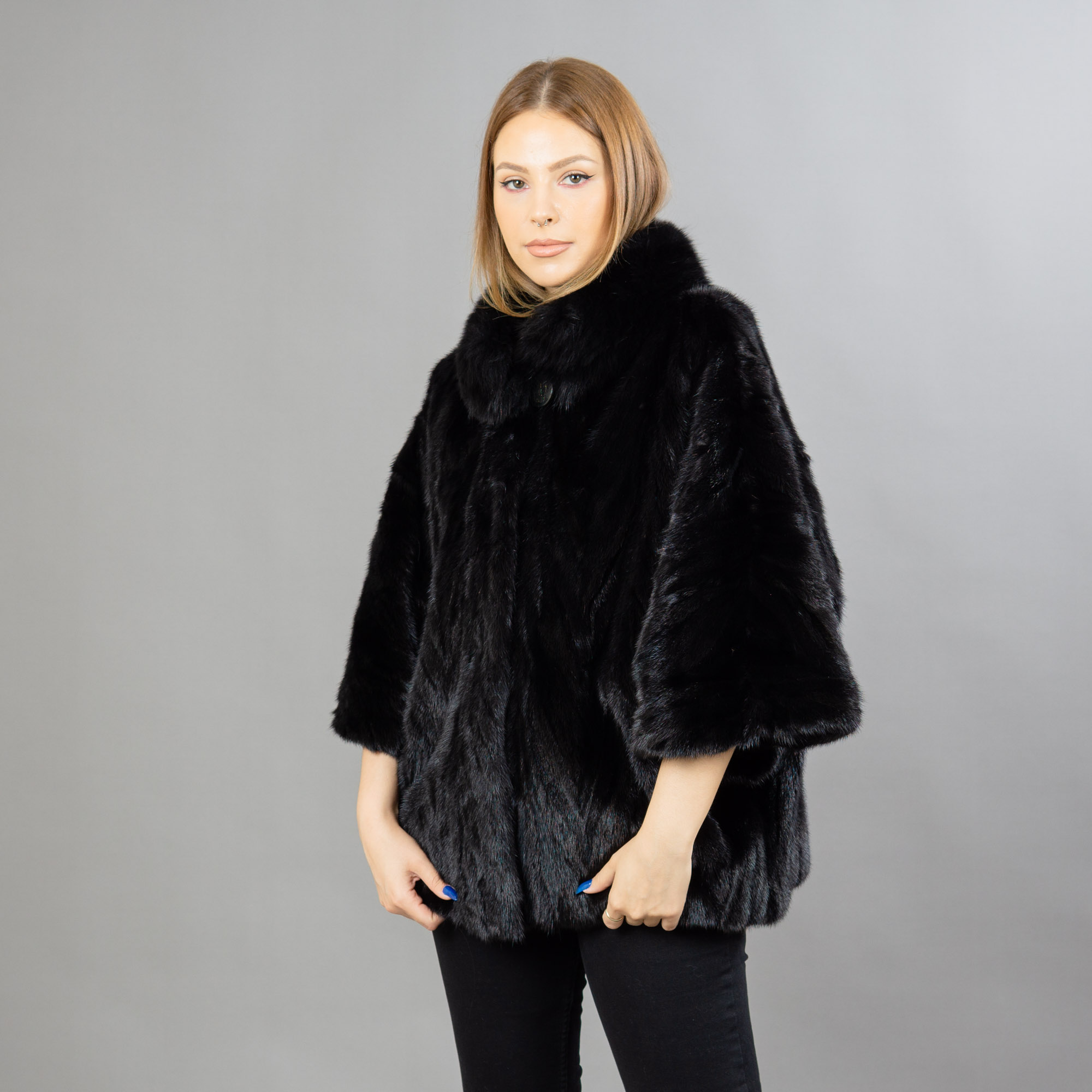 black mink fur coat with a fox fur collar