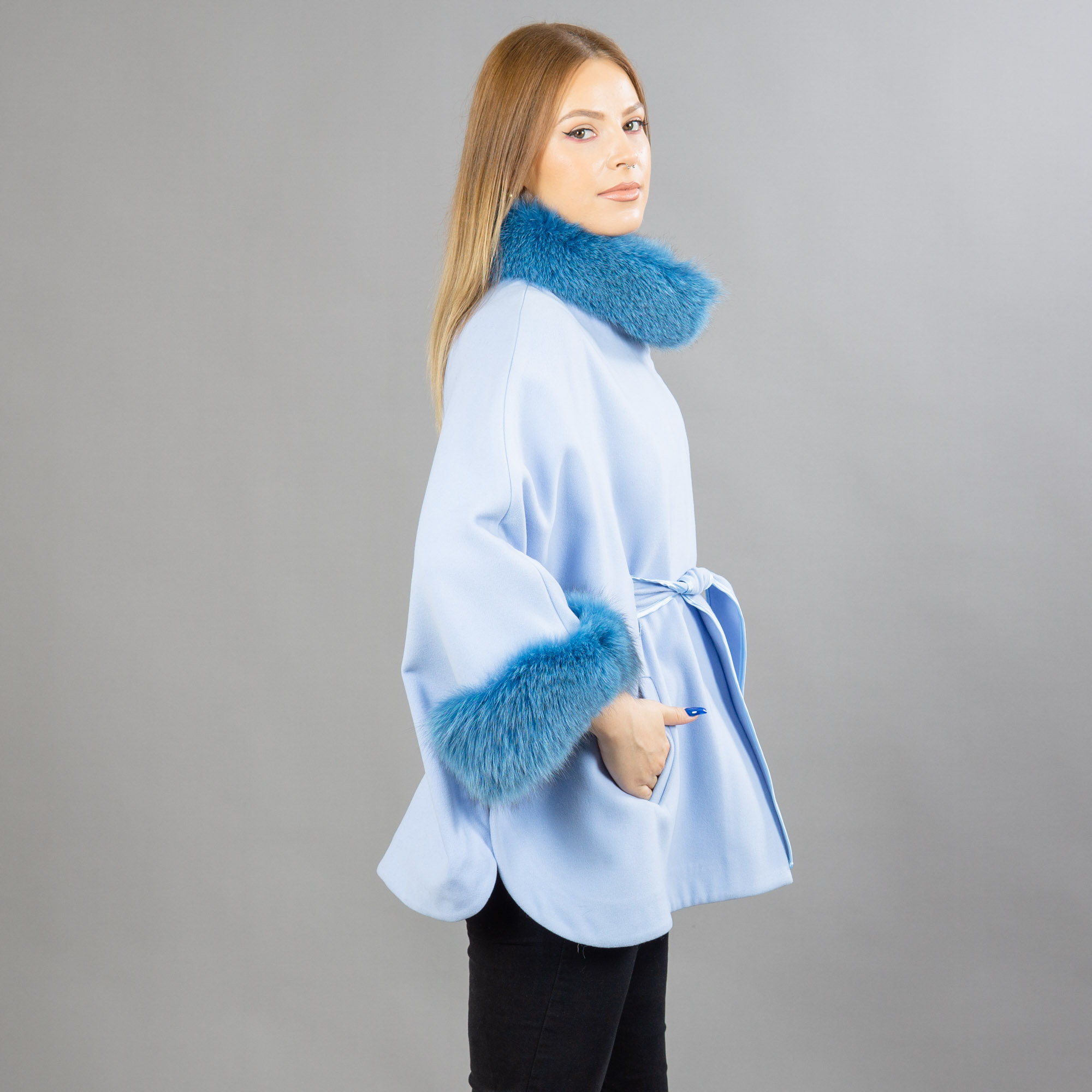 Blue cashmere cape with fox fur details