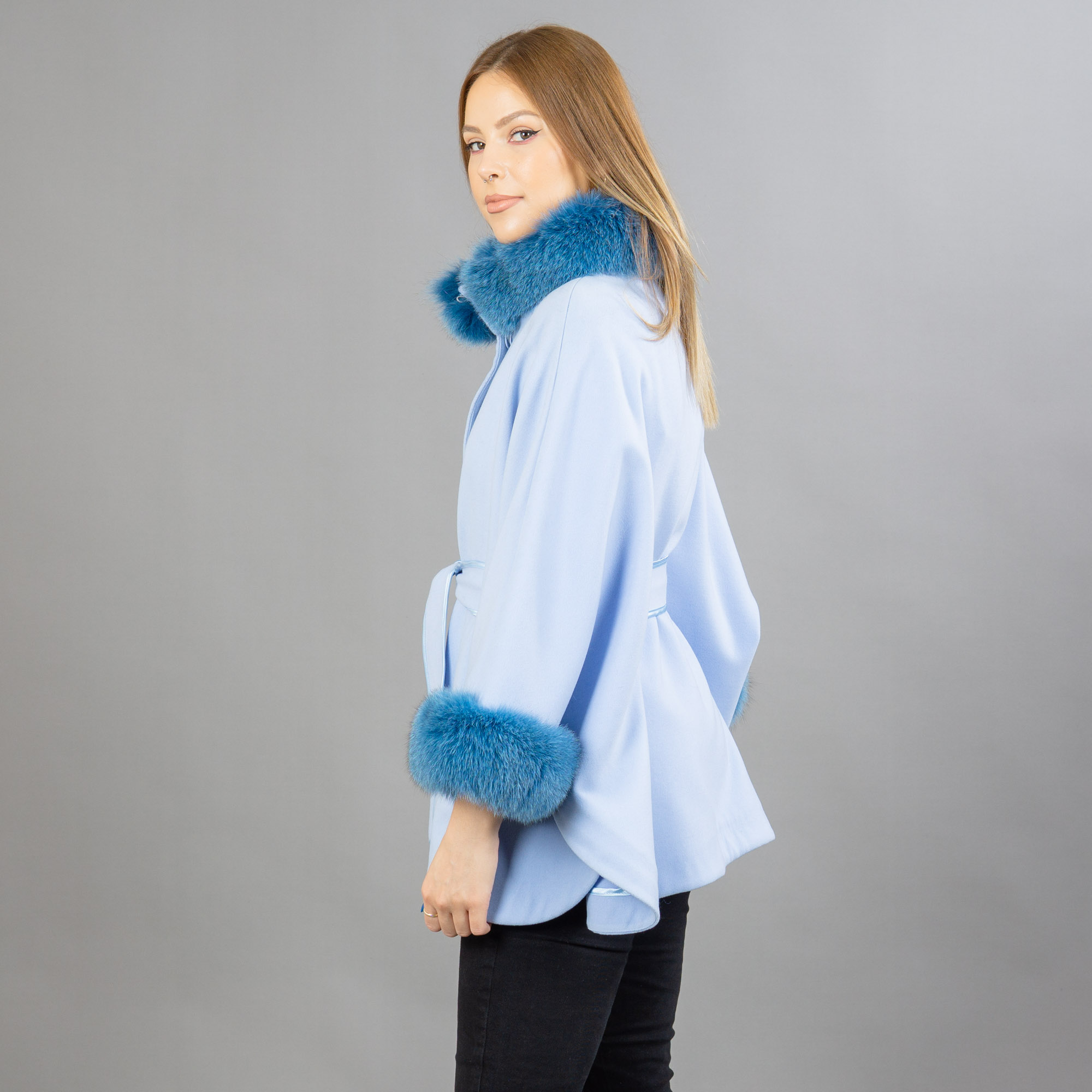 Blue cashmere cape with fox fur details