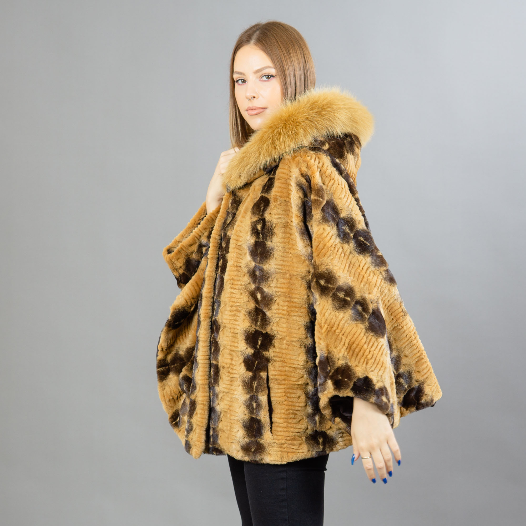Mink fur hooded cape with fox fur