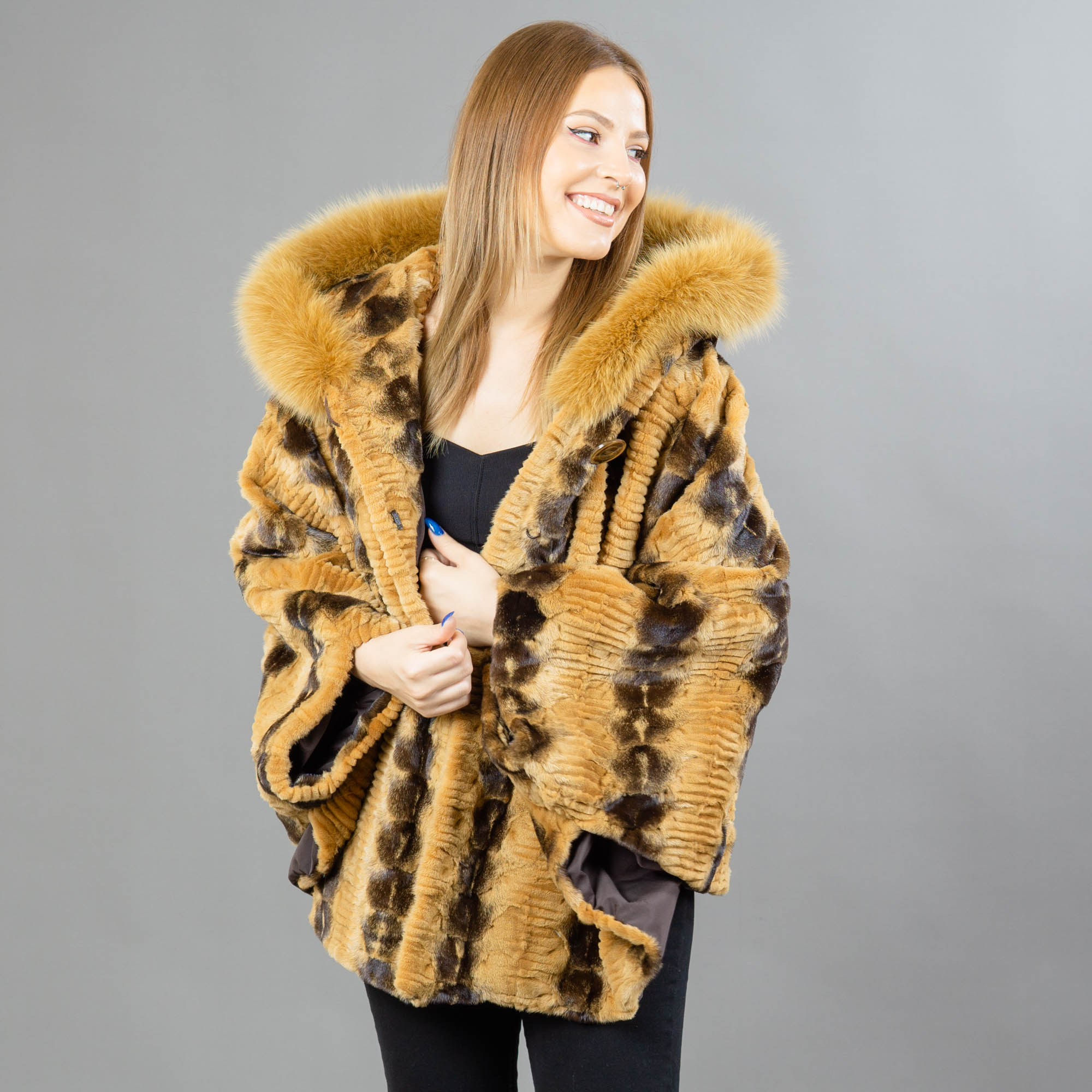 Mink fur hooded cape with fox fur