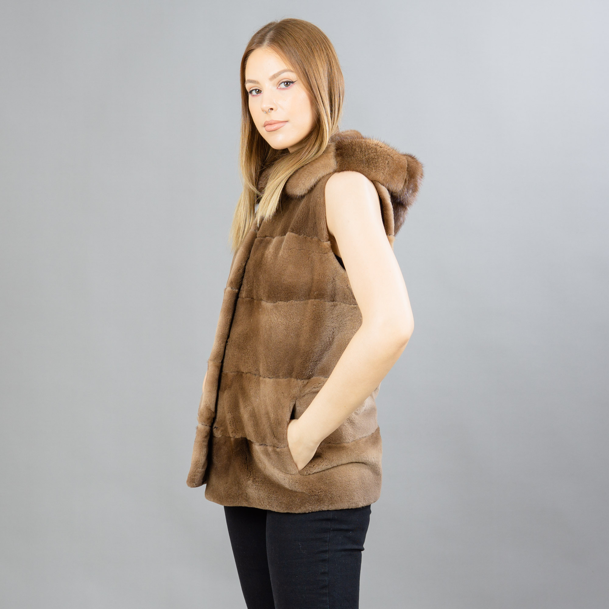 brown mink fur vest with a hood
