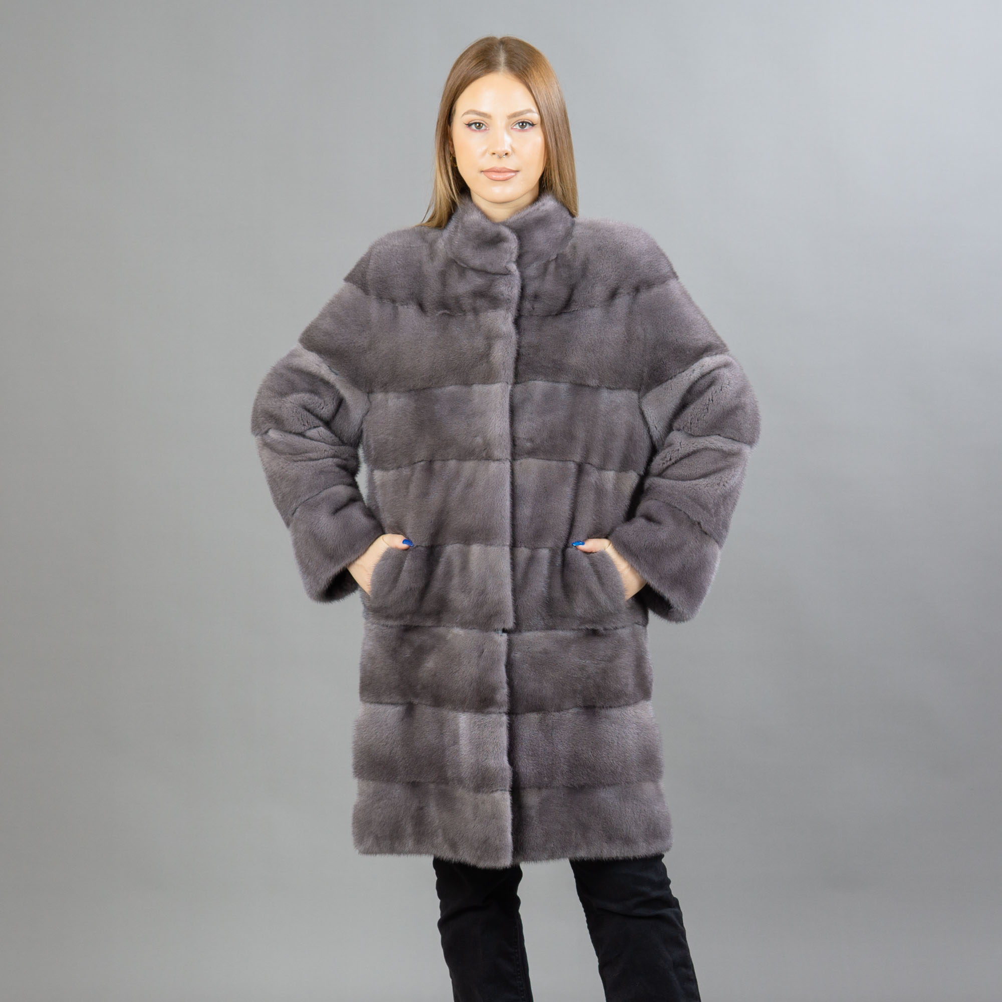 Γκρί γούνινο βιζόν παλτό που μετατρέπεται σε σακάκι