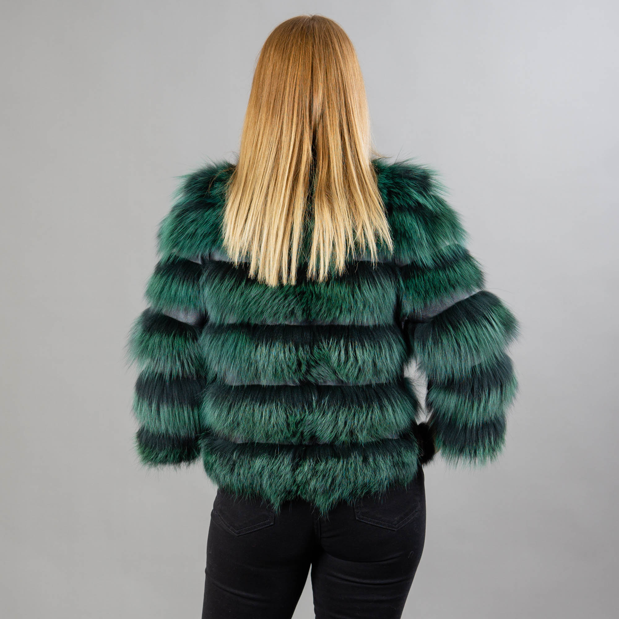 green fox fur jacket with leather details