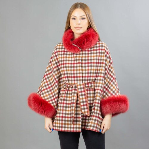 plaid cashmere cape with mink fur