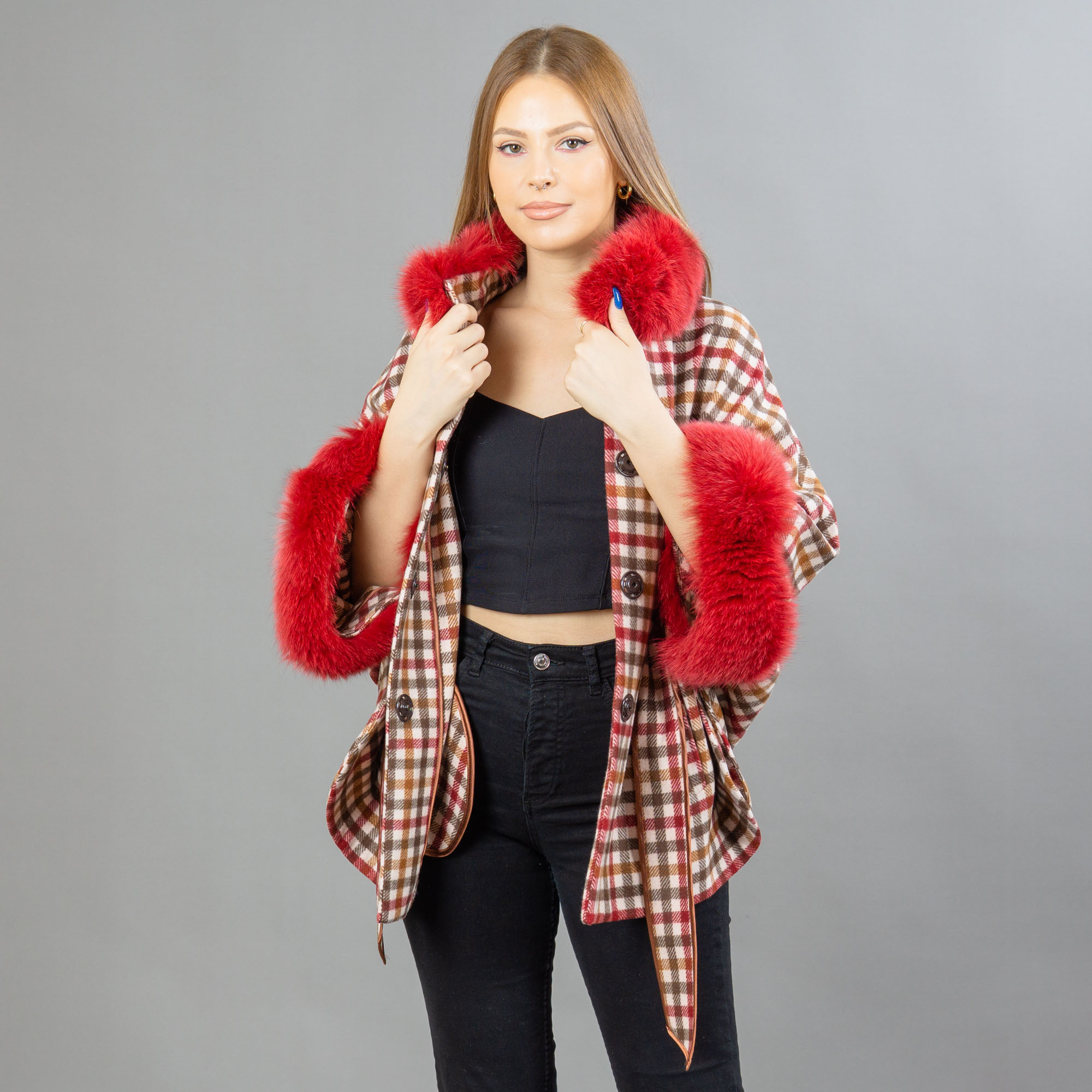 Red plaid cashmere cape with fox fur details