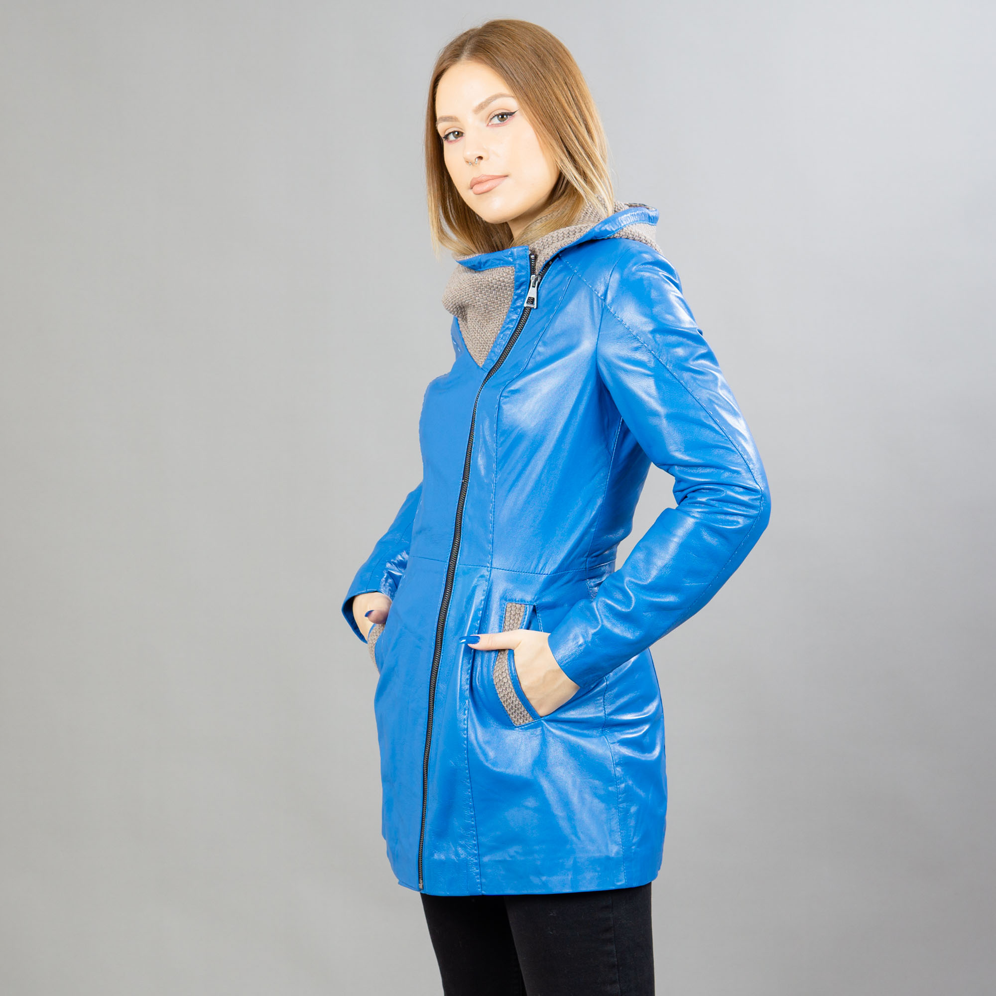 blue leather jacket with a hood