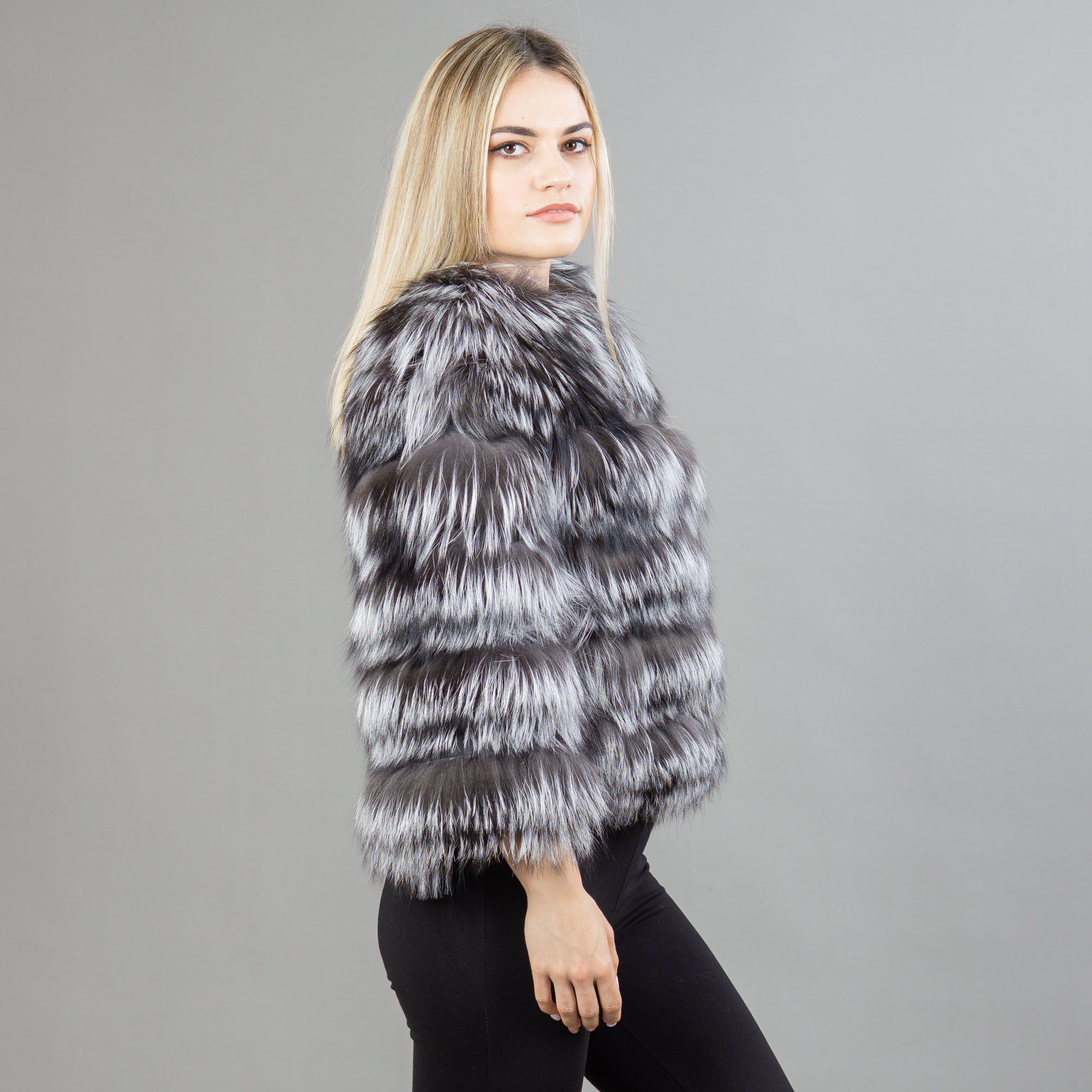 silver fox fur jacket with leather details