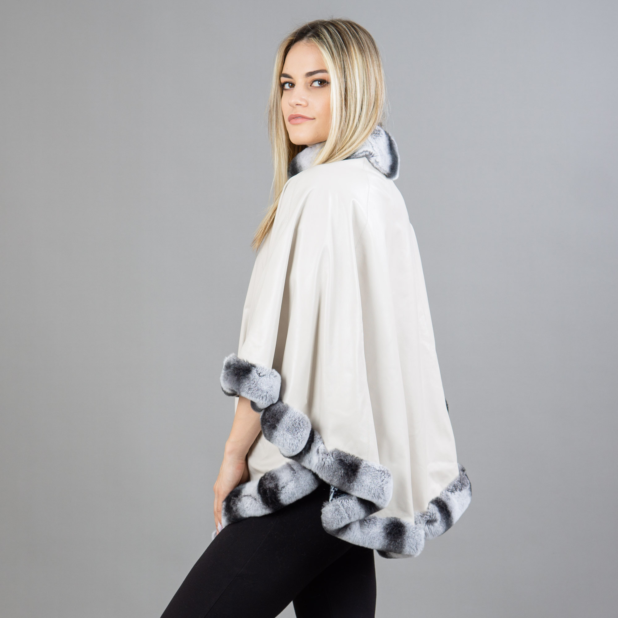 white leather cape with rex rabbit fur