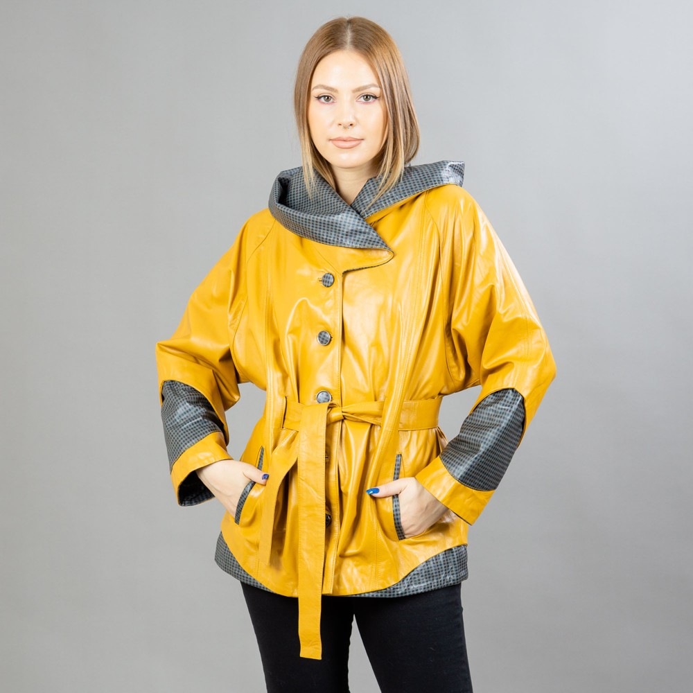 yellow leather jacket with a belt and hood