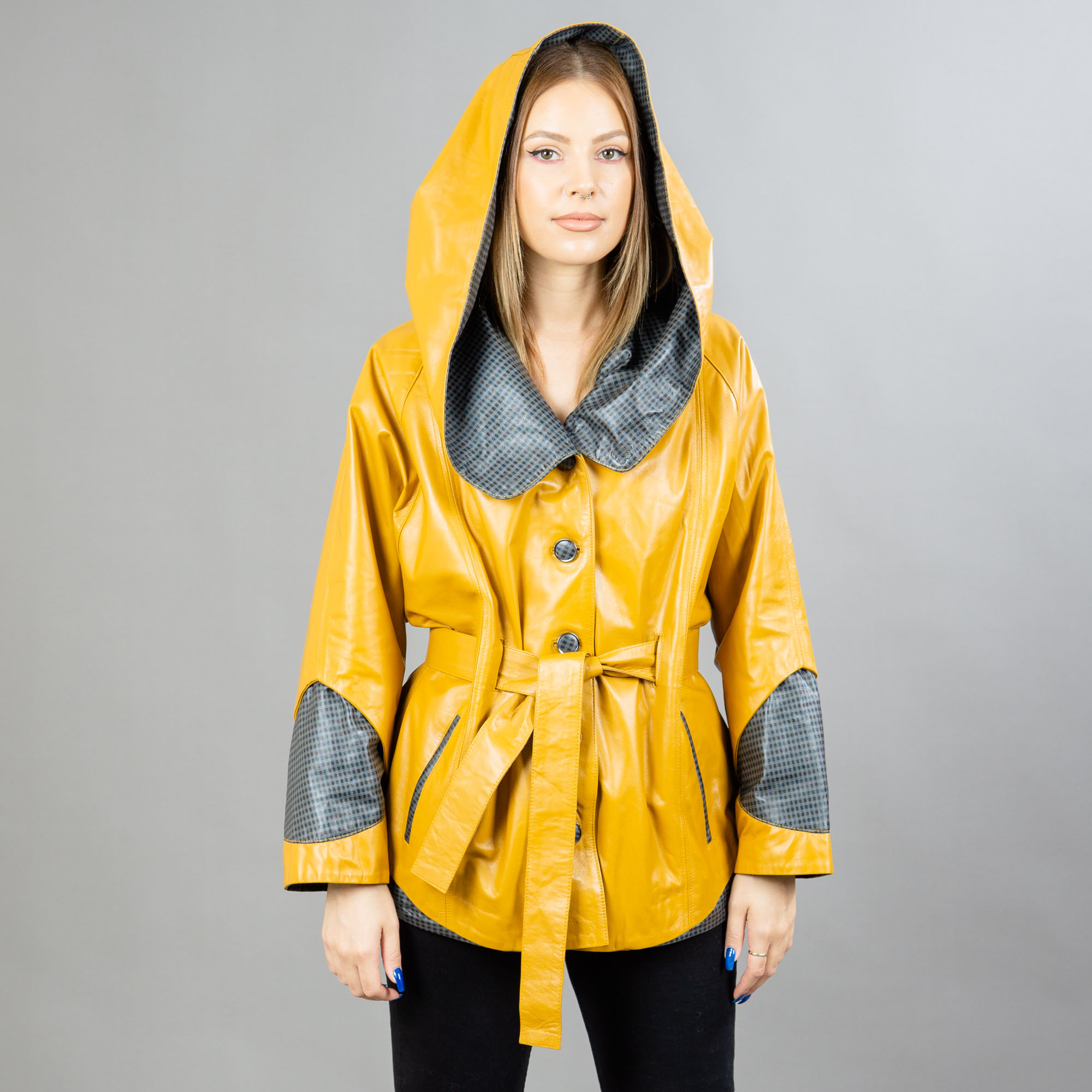 yellow leather jacket with a belt and hood