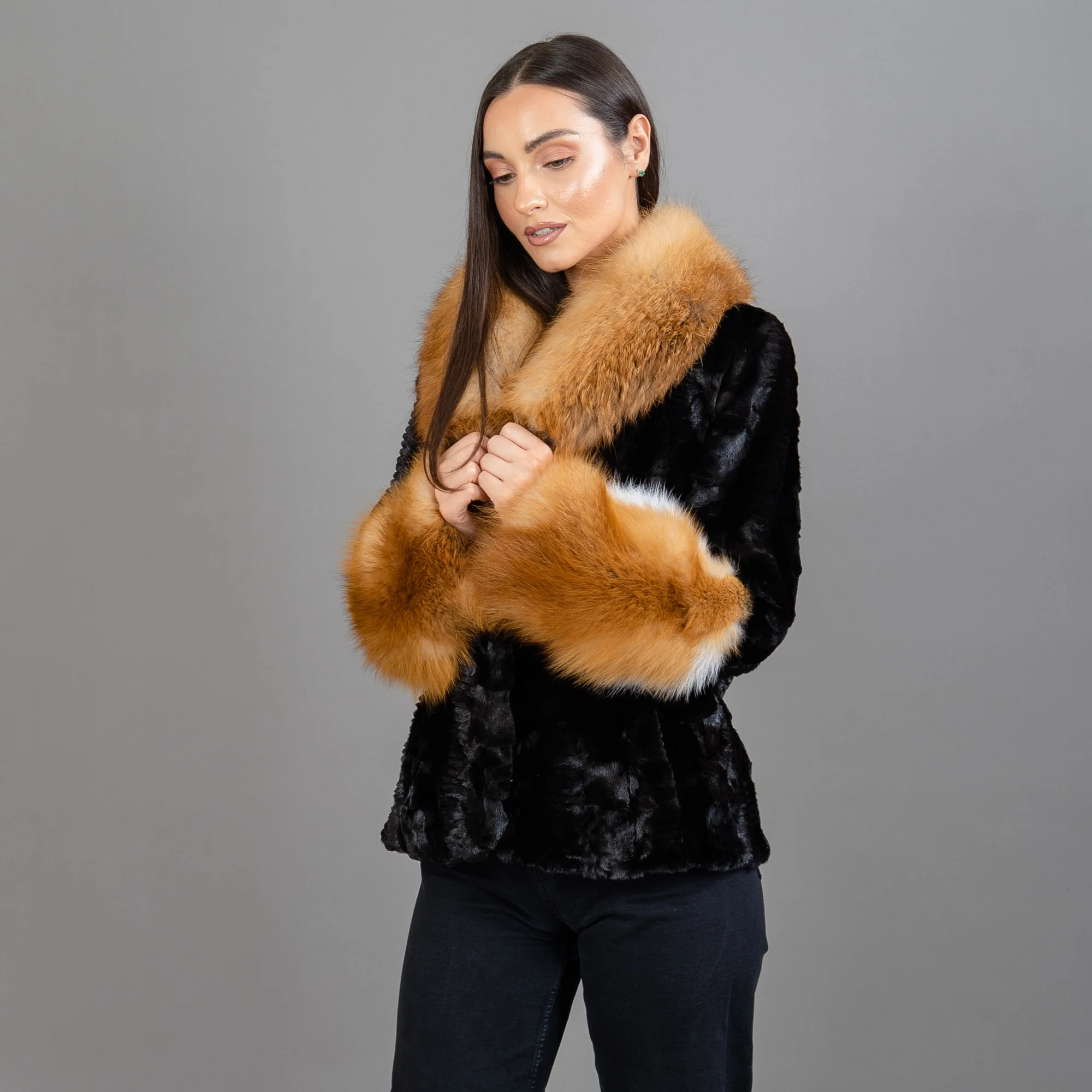 Black mink fur jacket with red fox fur details