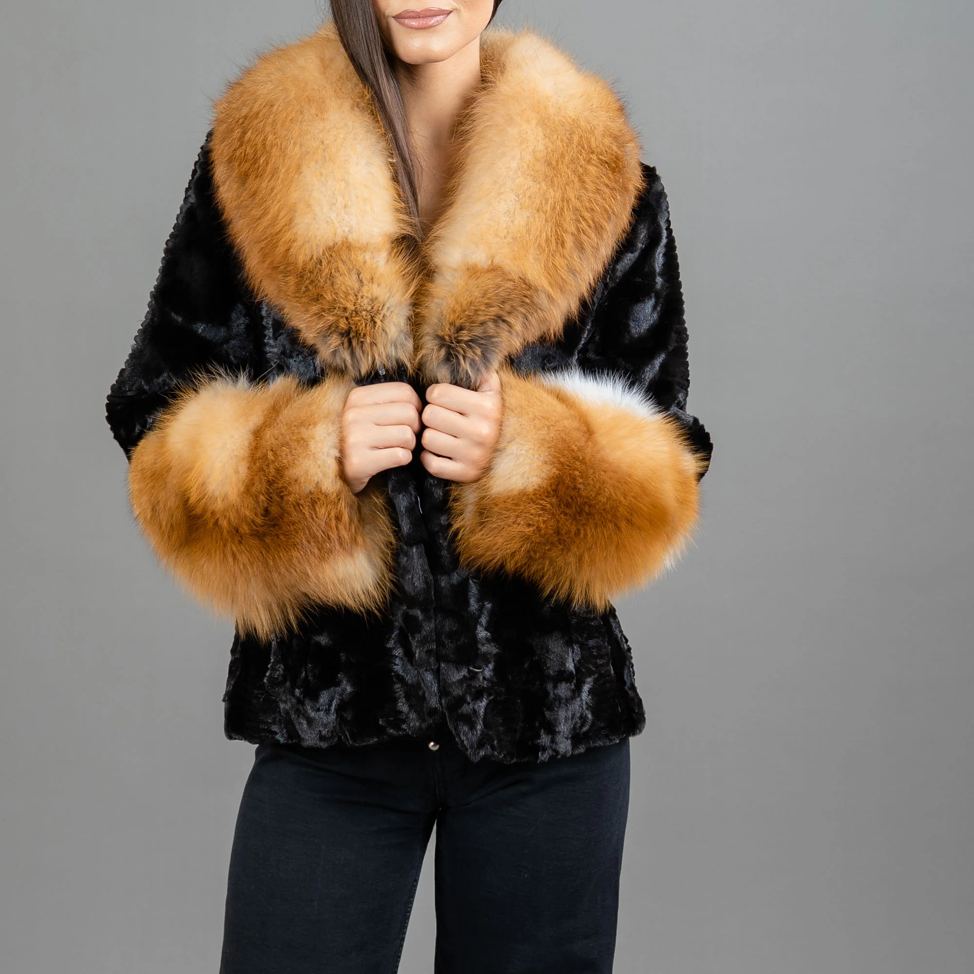 Black mink fur jacket with red fox fur details