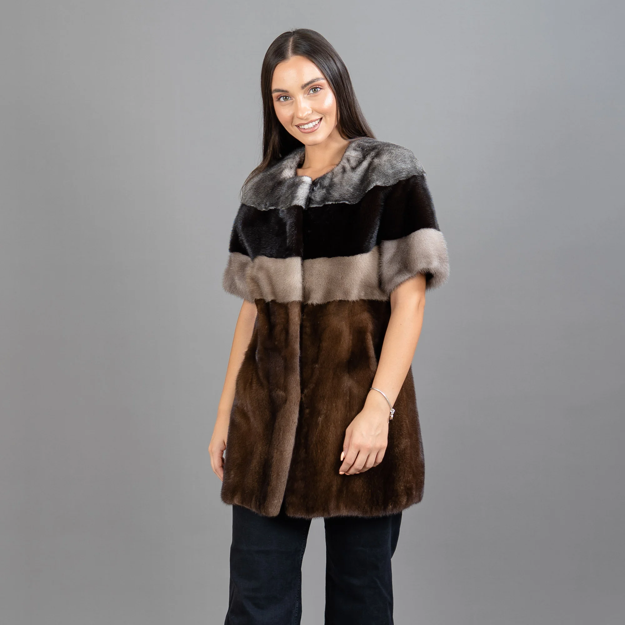 brown mink fur jacket with short sleeves