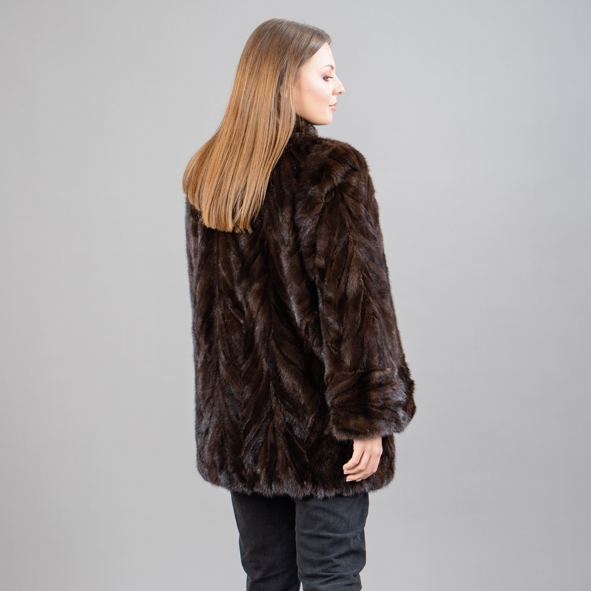 collared mink fur jacket in brown color