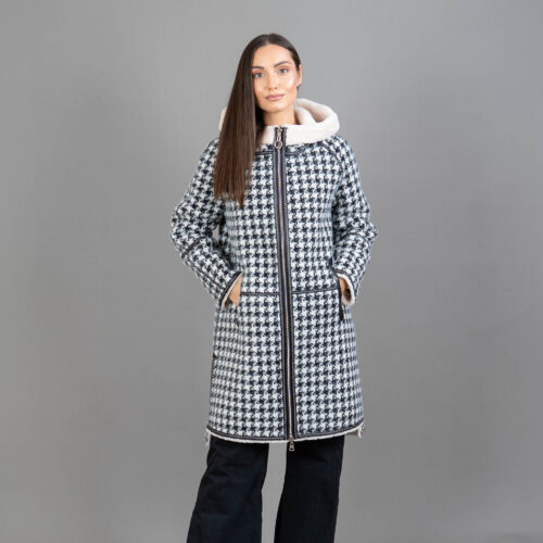 black and white plaid hooded cashmere coat
