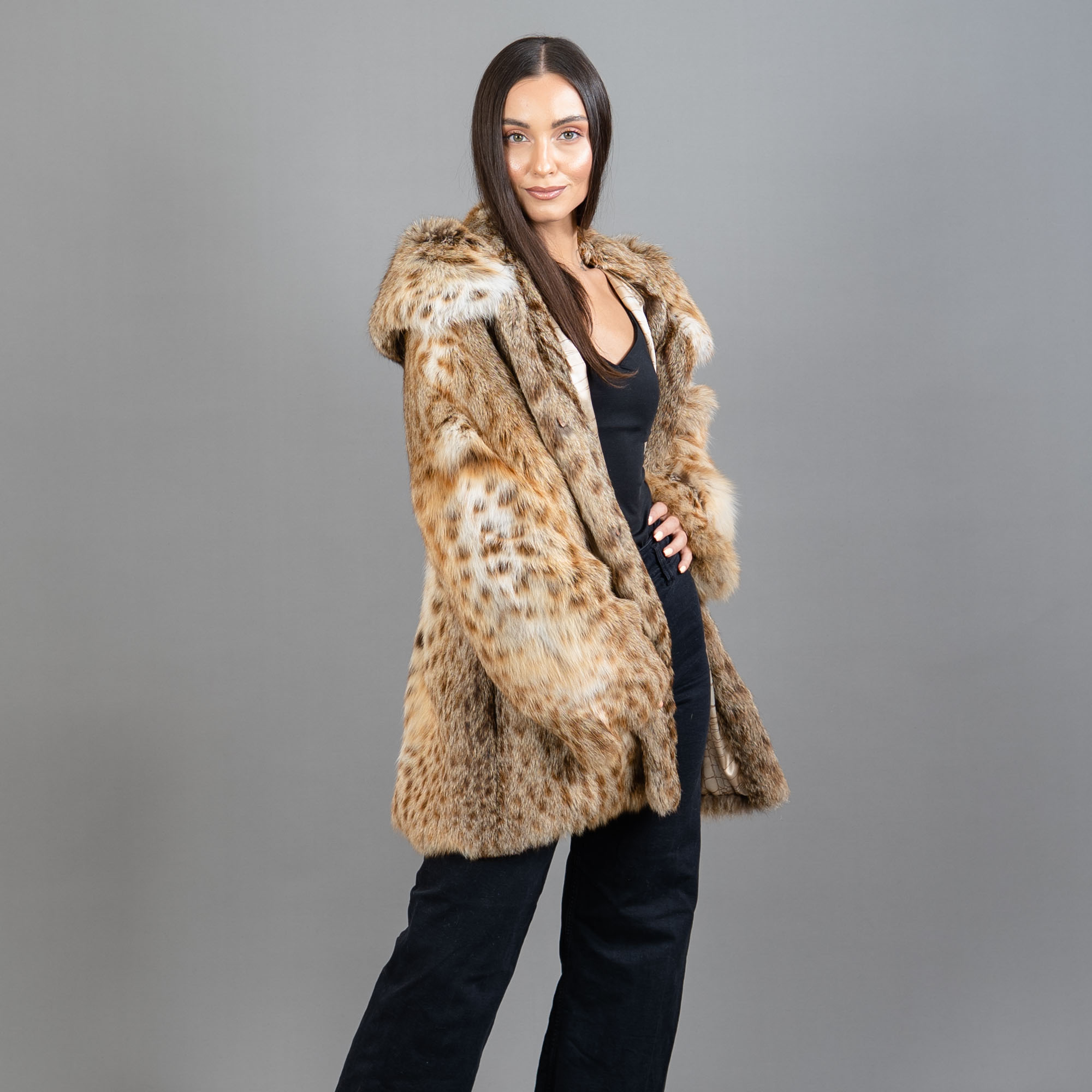 γούνινο lynx παλτό με κουκούλα