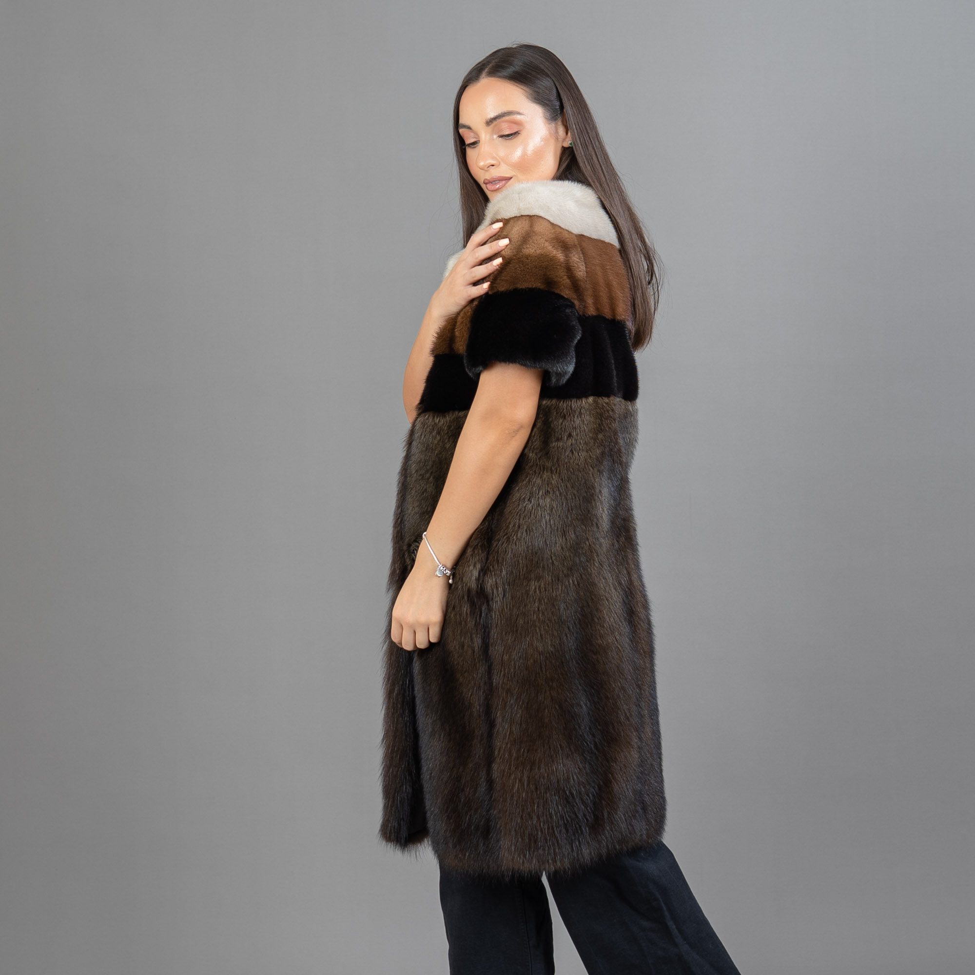 brown long mink and fisher fur jacket
