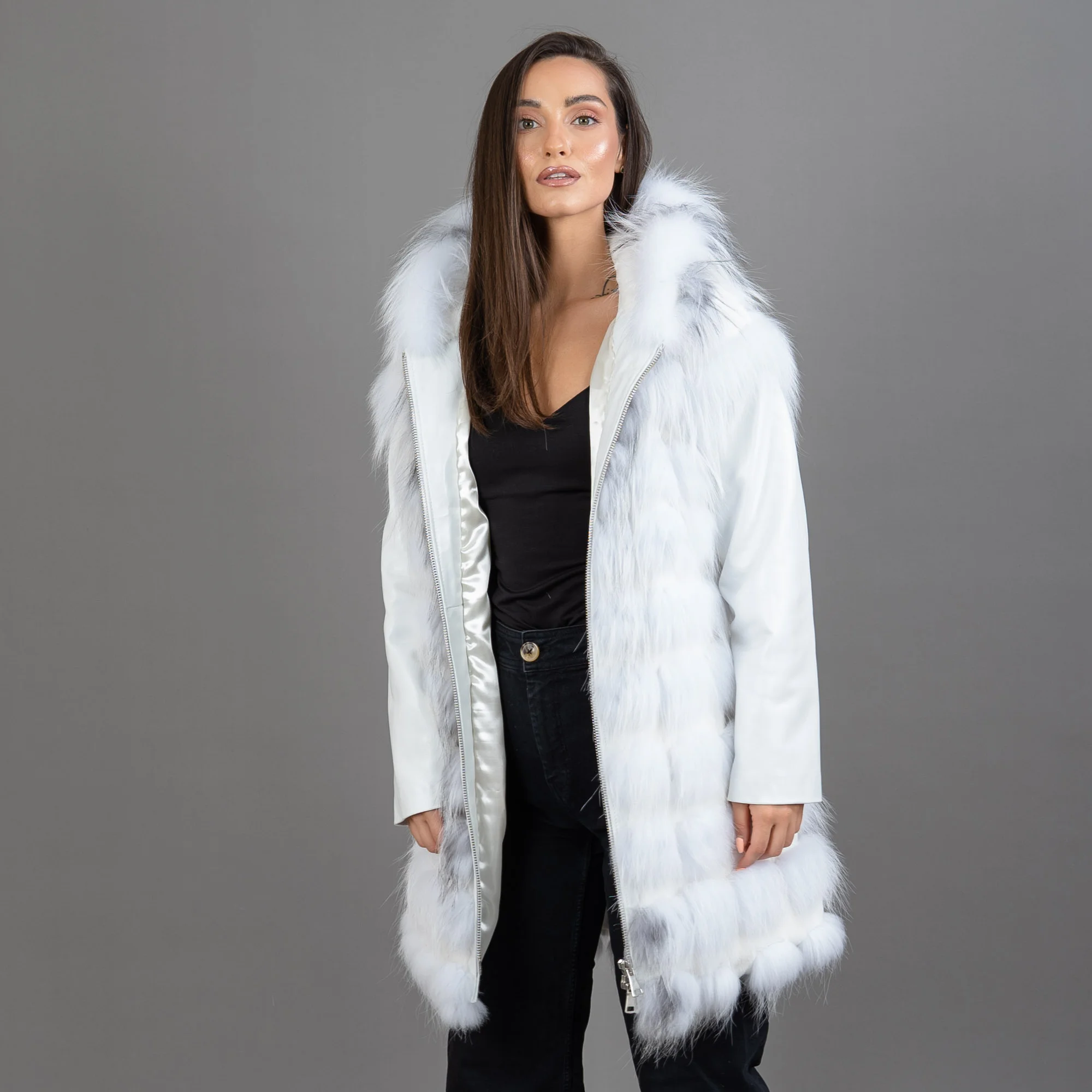 white hooded fox fur coat with detachable sleeves