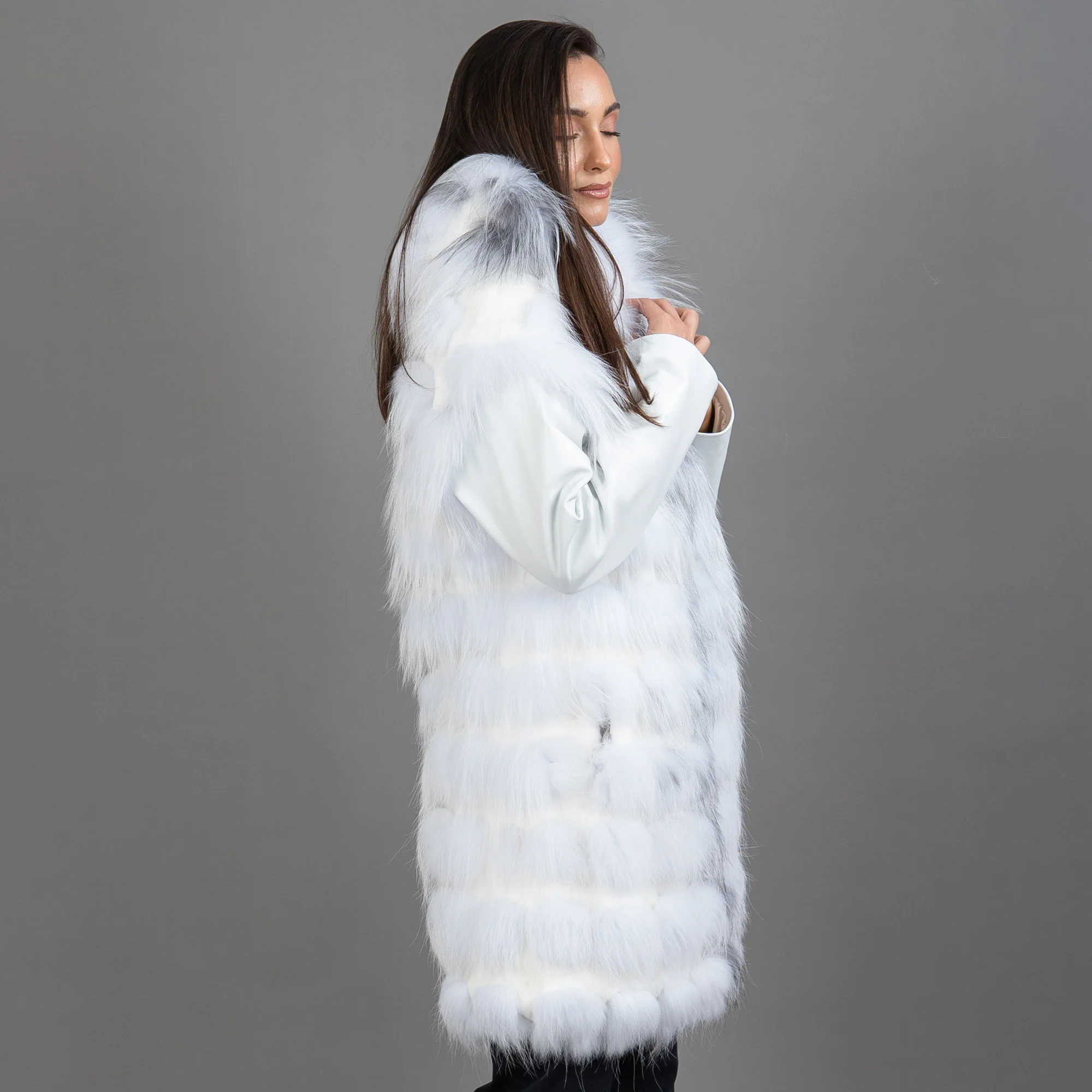 white hooded fox fur coat with detachable sleeves