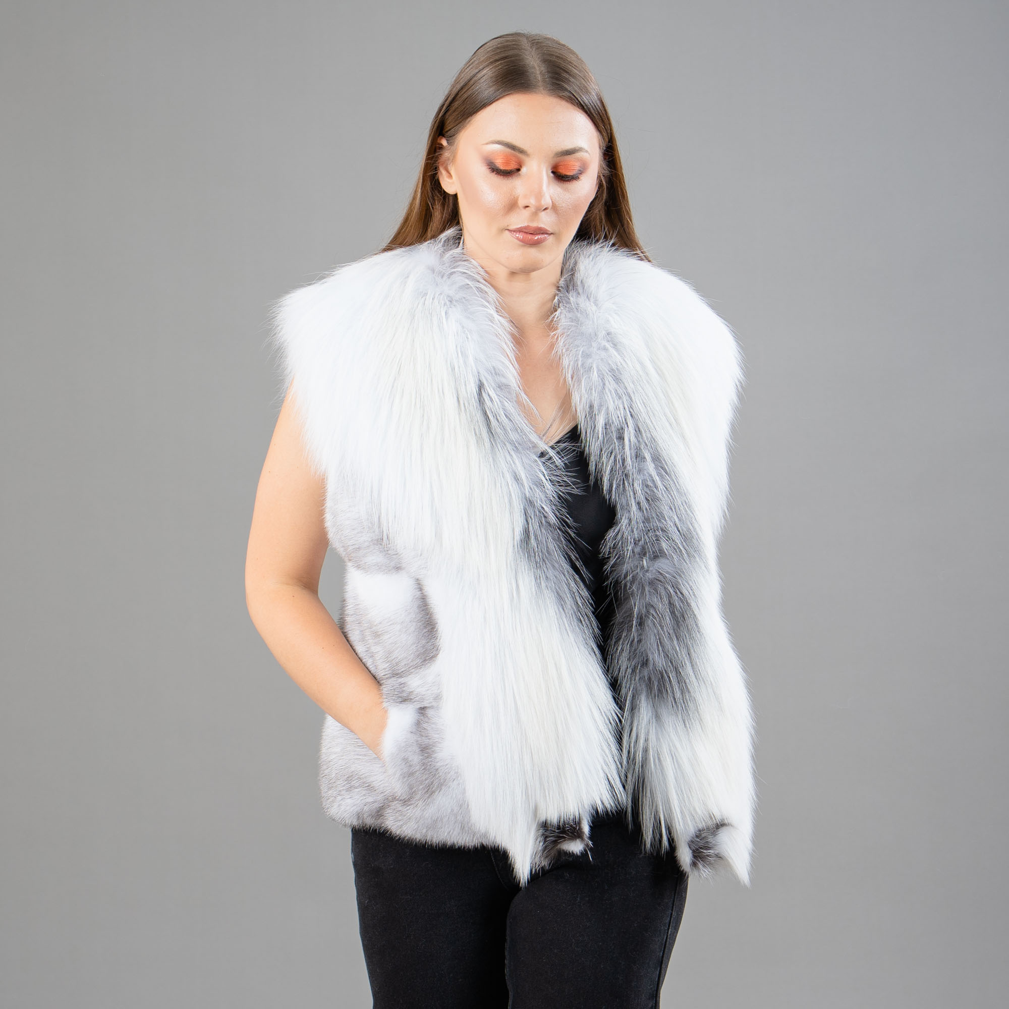 mink and fox fur vest in gray-white color