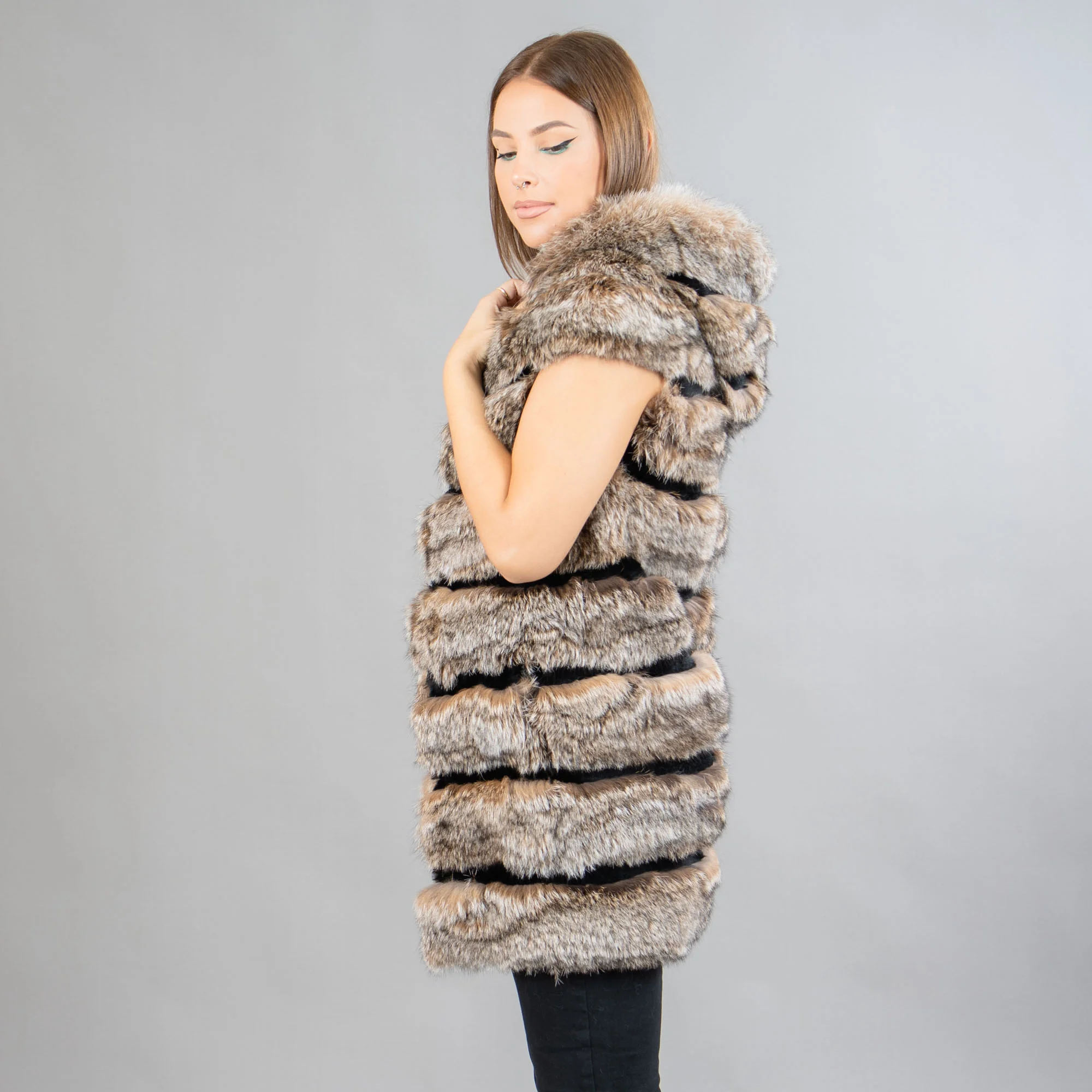 Beige hooded rabbit fur vest