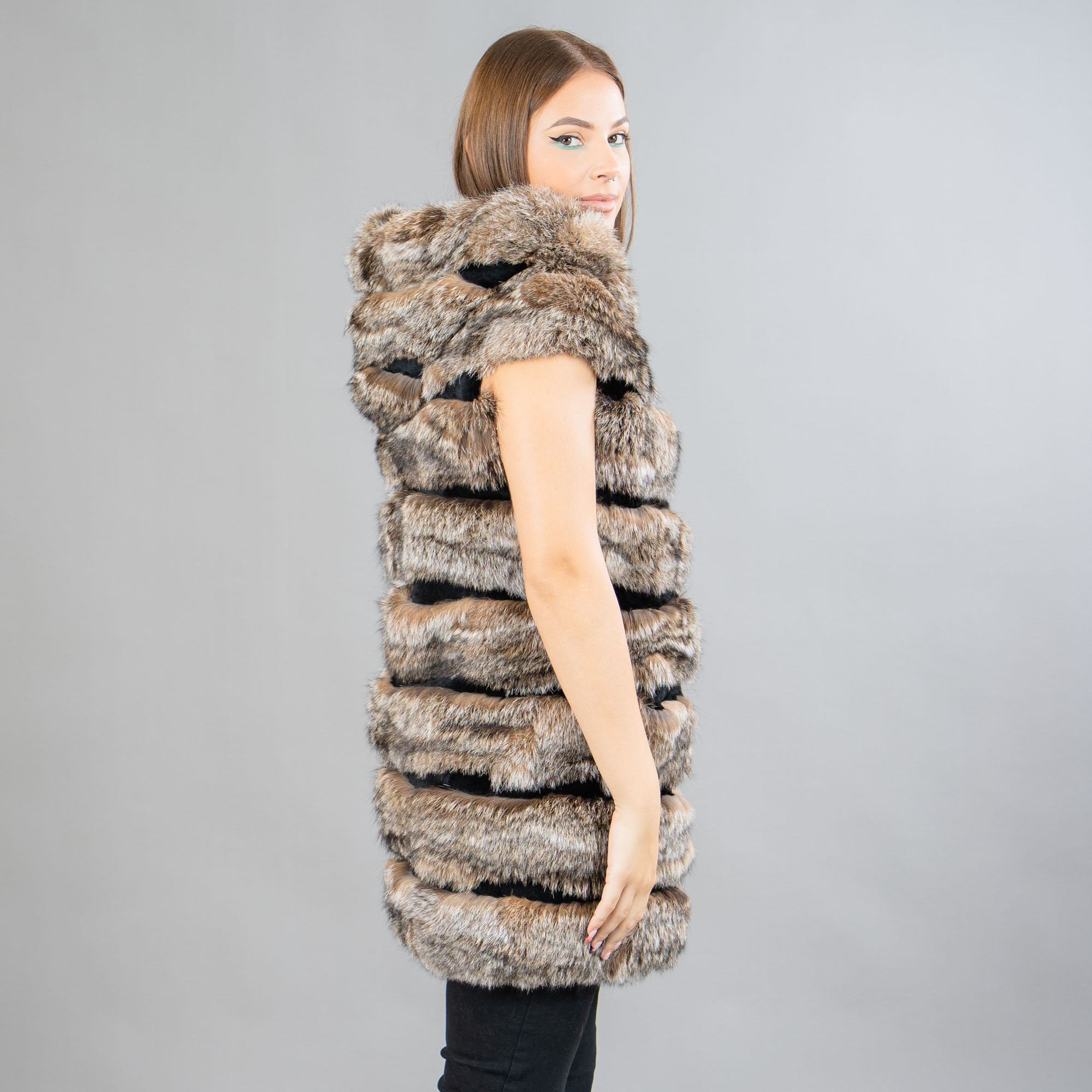 Beige hooded rabbit fur vest