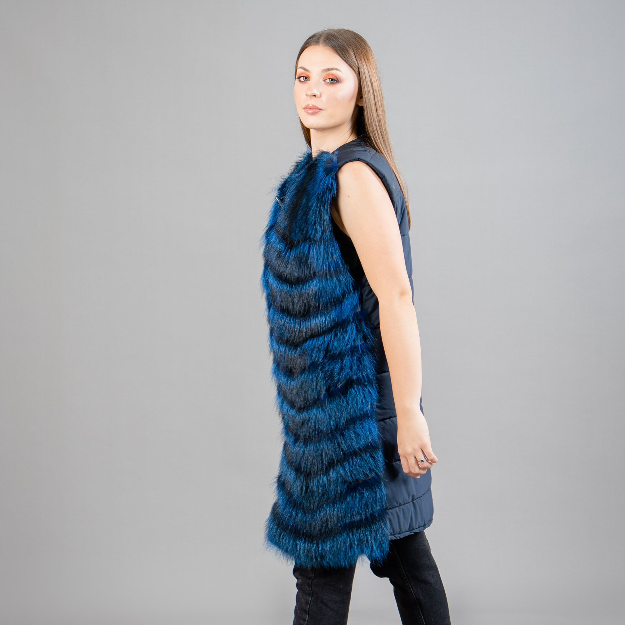Raccoon fur vest in blue color