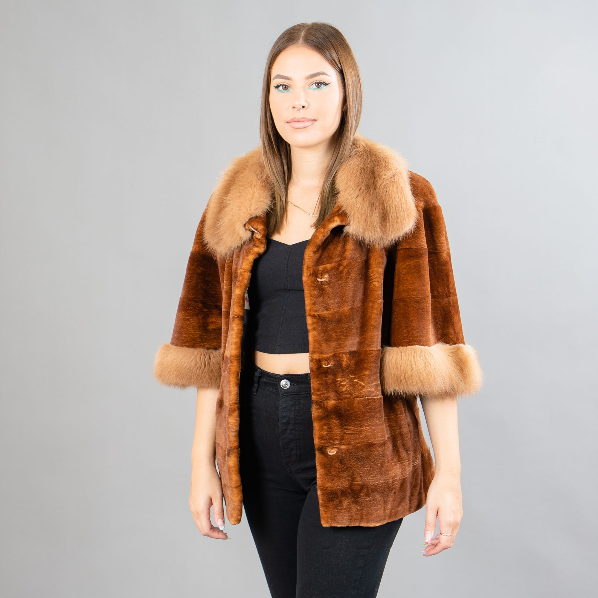 mink and marten fur jacket in brown color
