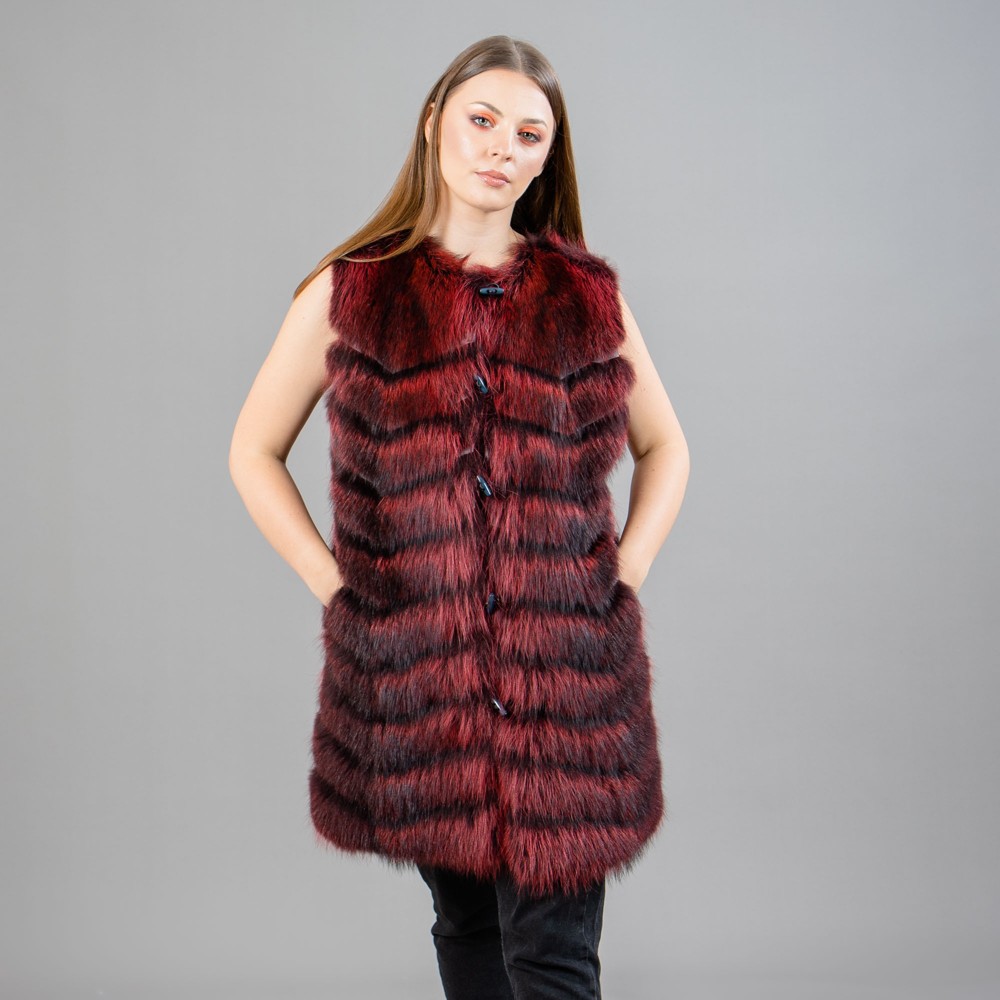 Long raccoon fur vest in red color